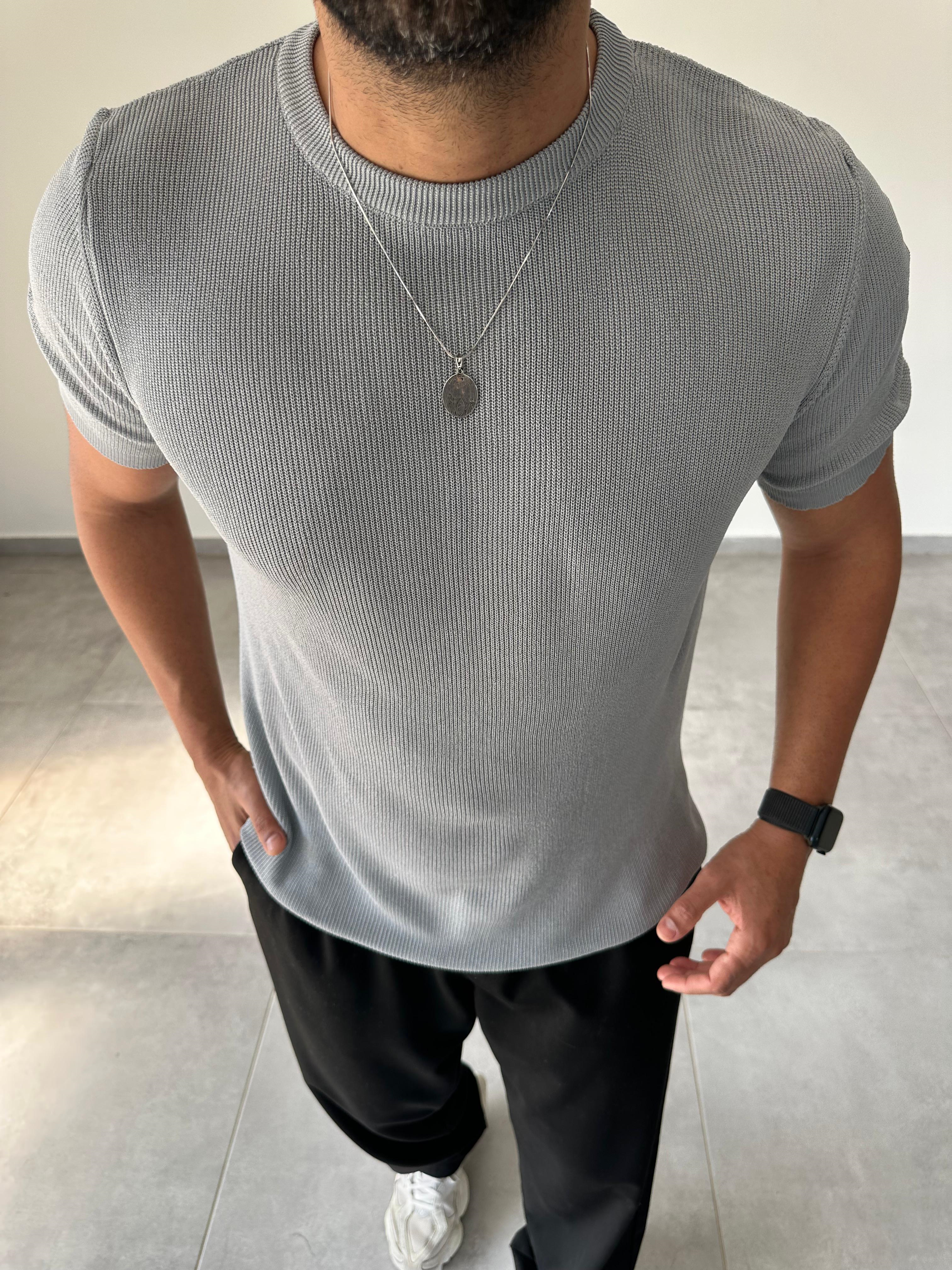 Gri Renk Selanik Örme Regular Fit T-Shirt