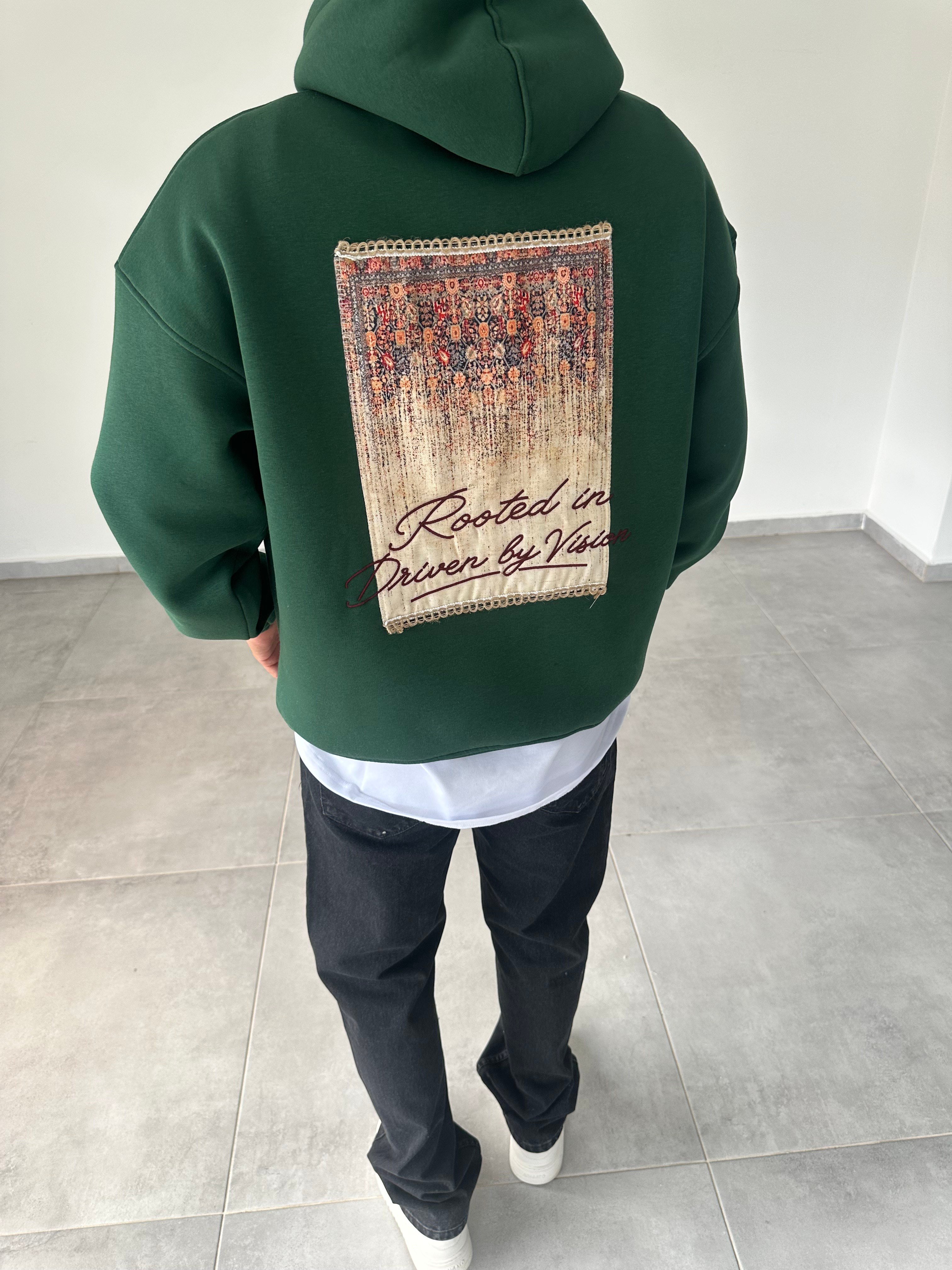 Pantch Ve Baskı Detaylı Yeşil Renk Premium Kapüşonlu Sweatshirt