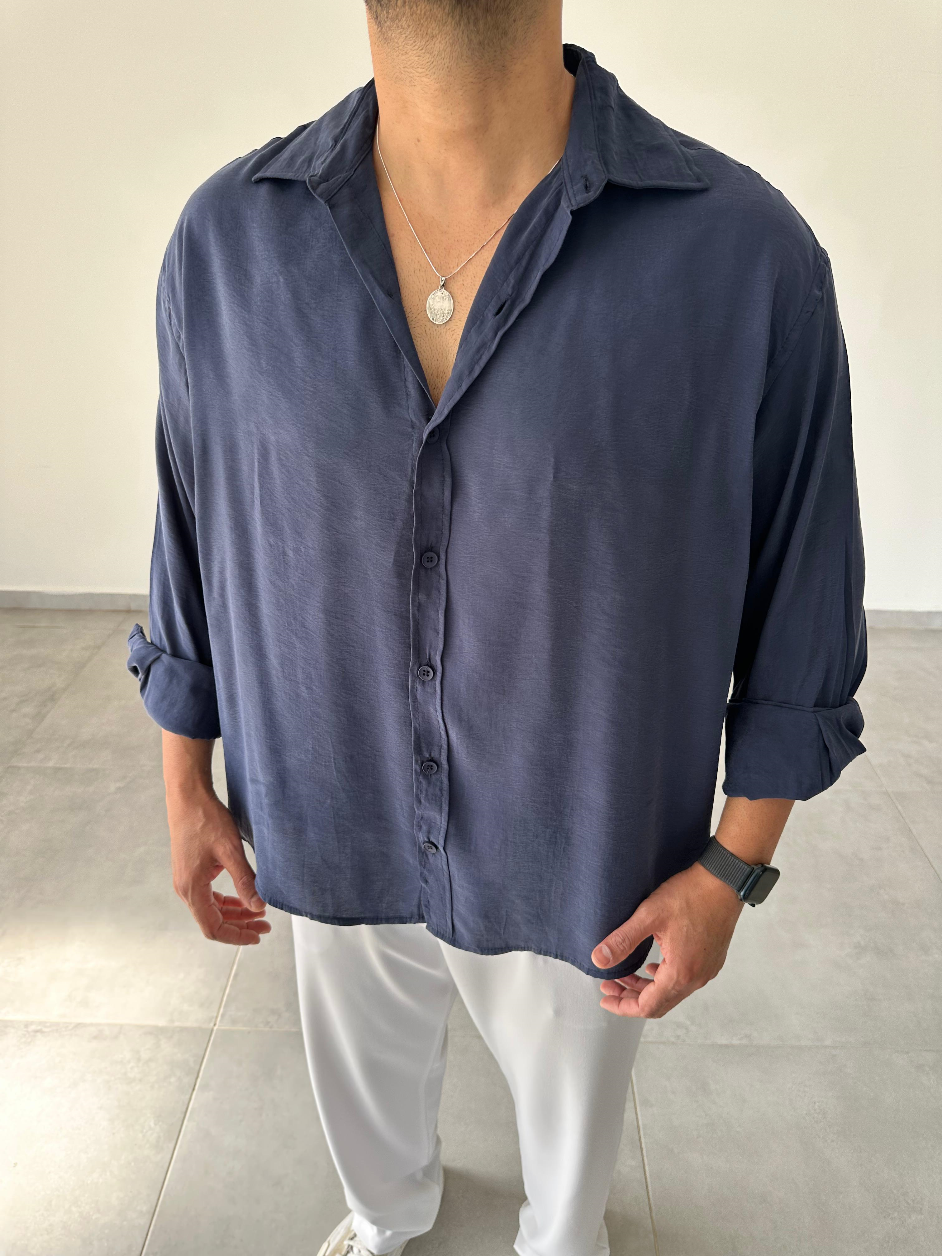 Lacivert Renk Modal Kumaş Oversize Kesim Basic Gömlek