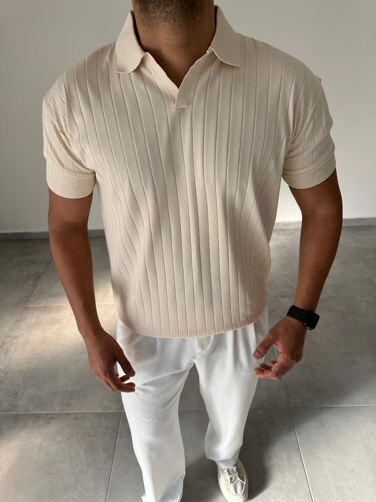 Bej Renk Şerit Detaylı Polo Yaka T-Shirt