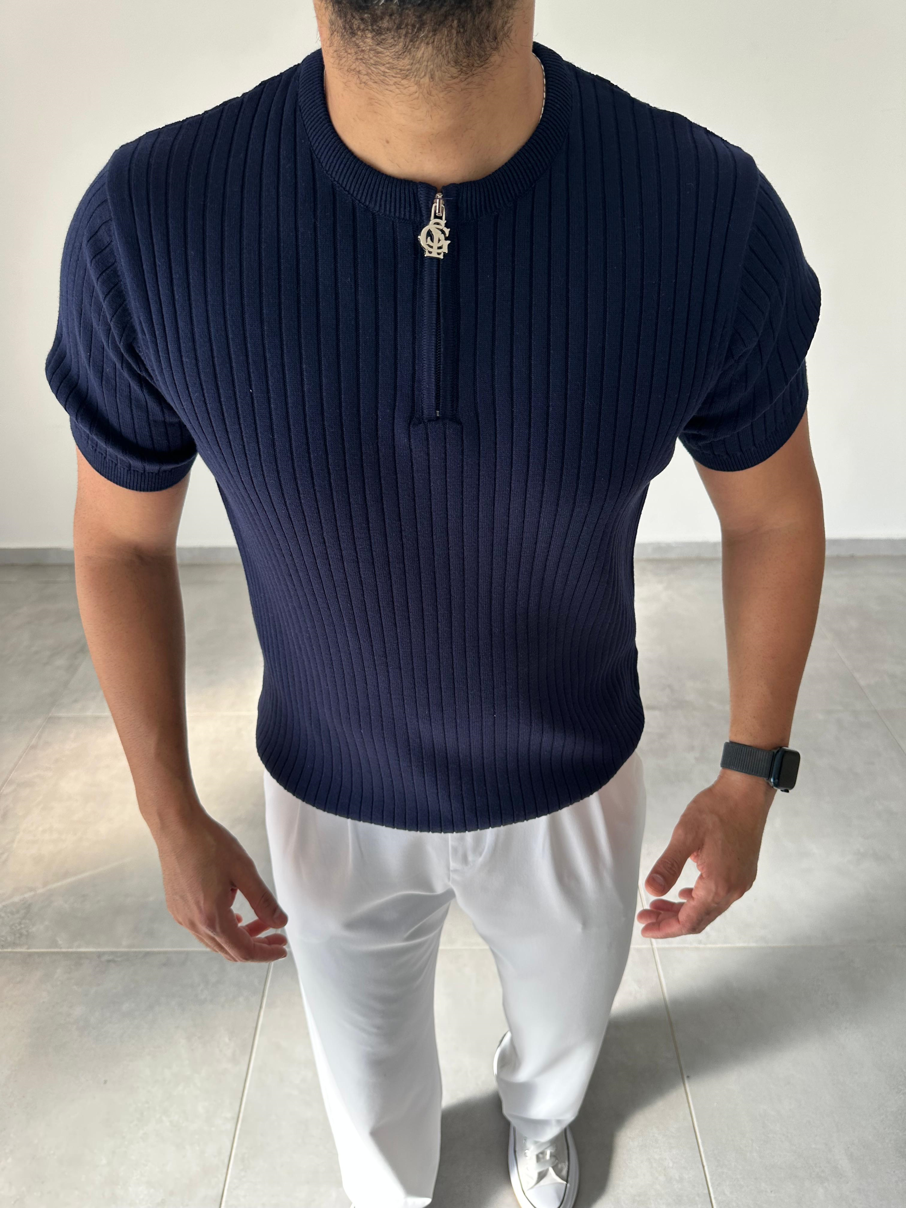 Lacivert Renk Fermuar Detaylı Premium Kalite Basic Triko T-Shirt