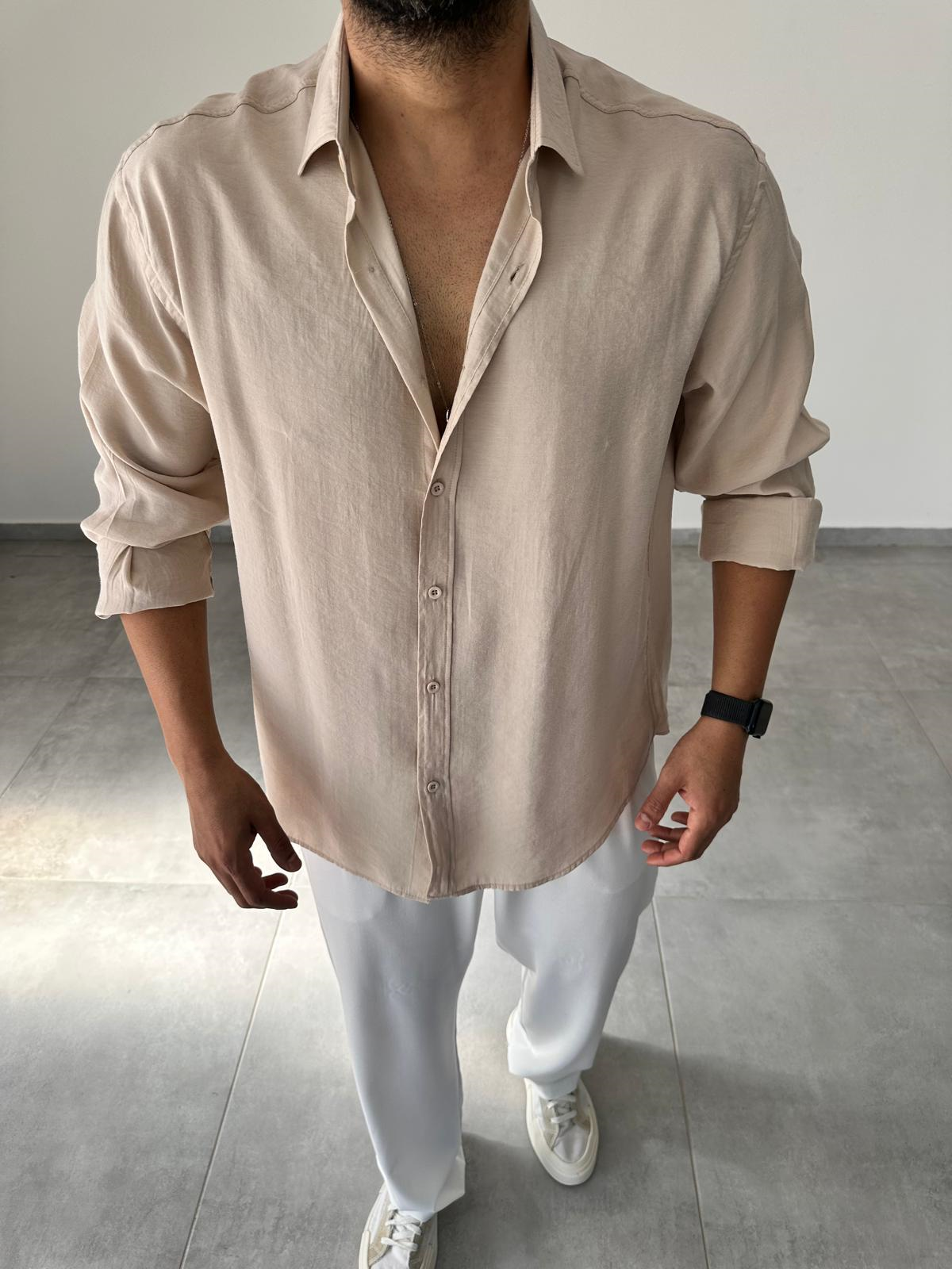 Modal Kumaş Bej Renk Oversize Kesim Gömlek