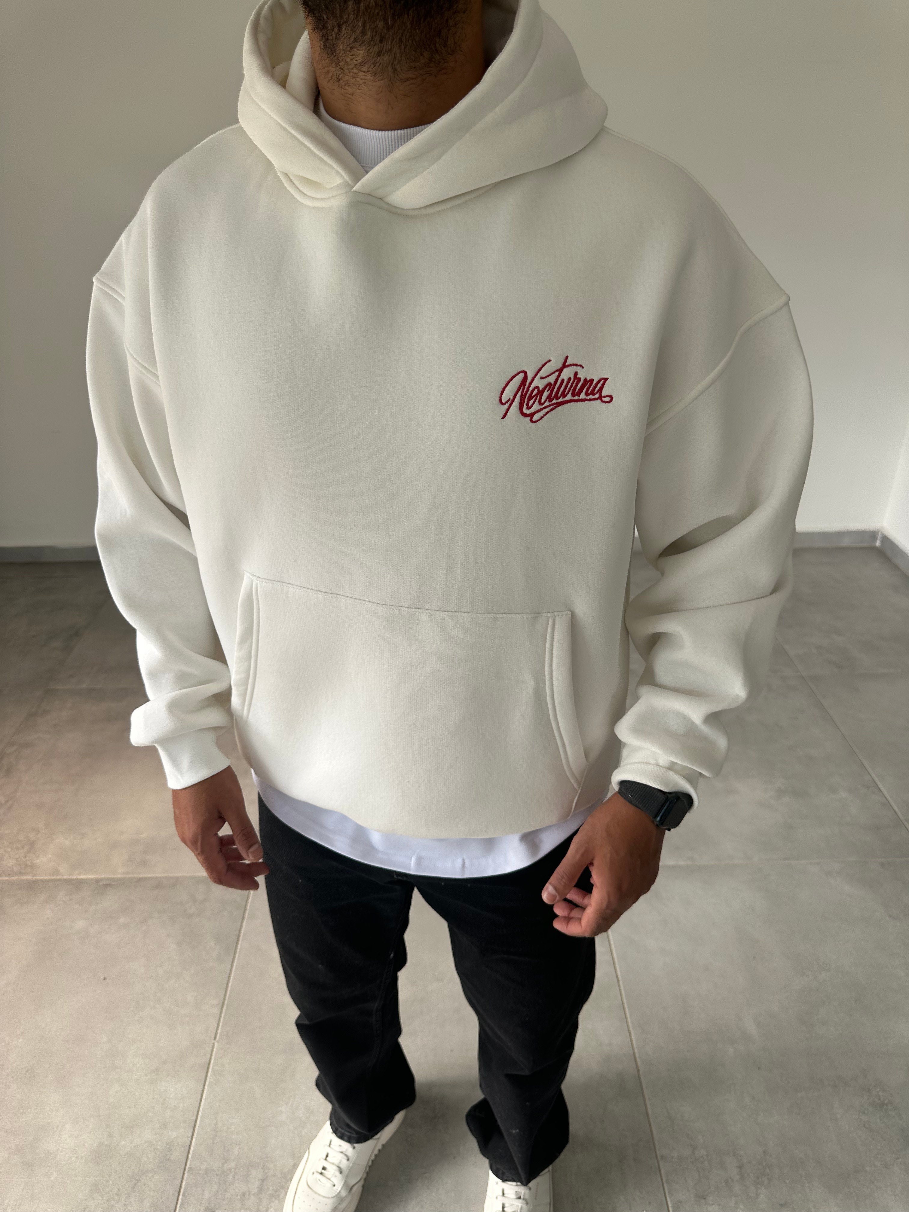 Beyaz Nocturna Pantch Ve Baskı Detaylı Premium Kapüşonlu Sweatshirt