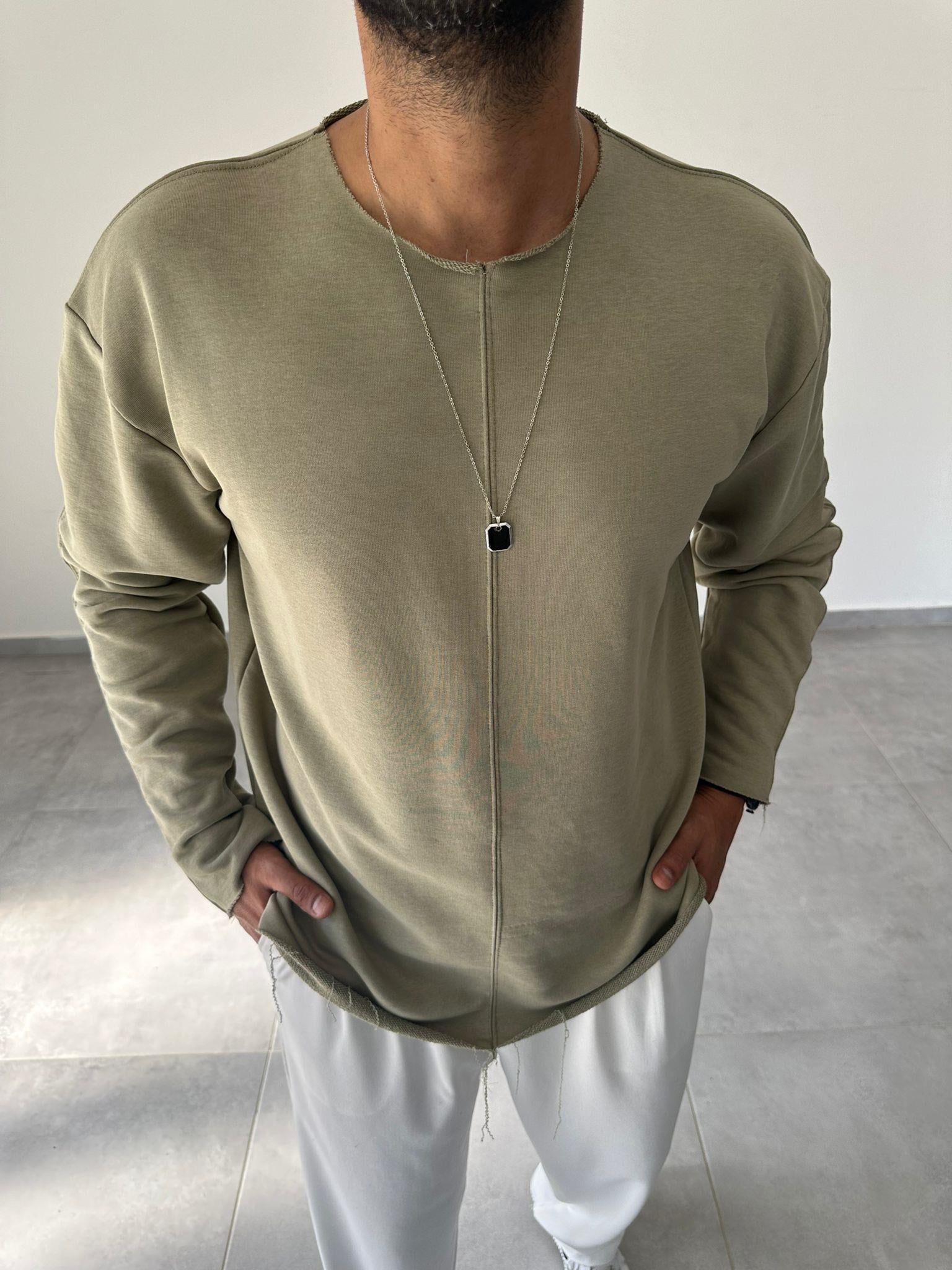 Çağla Renk Kesik Yaka Ve Dikiş Detaylı Oversize Kesim Sweatshirt