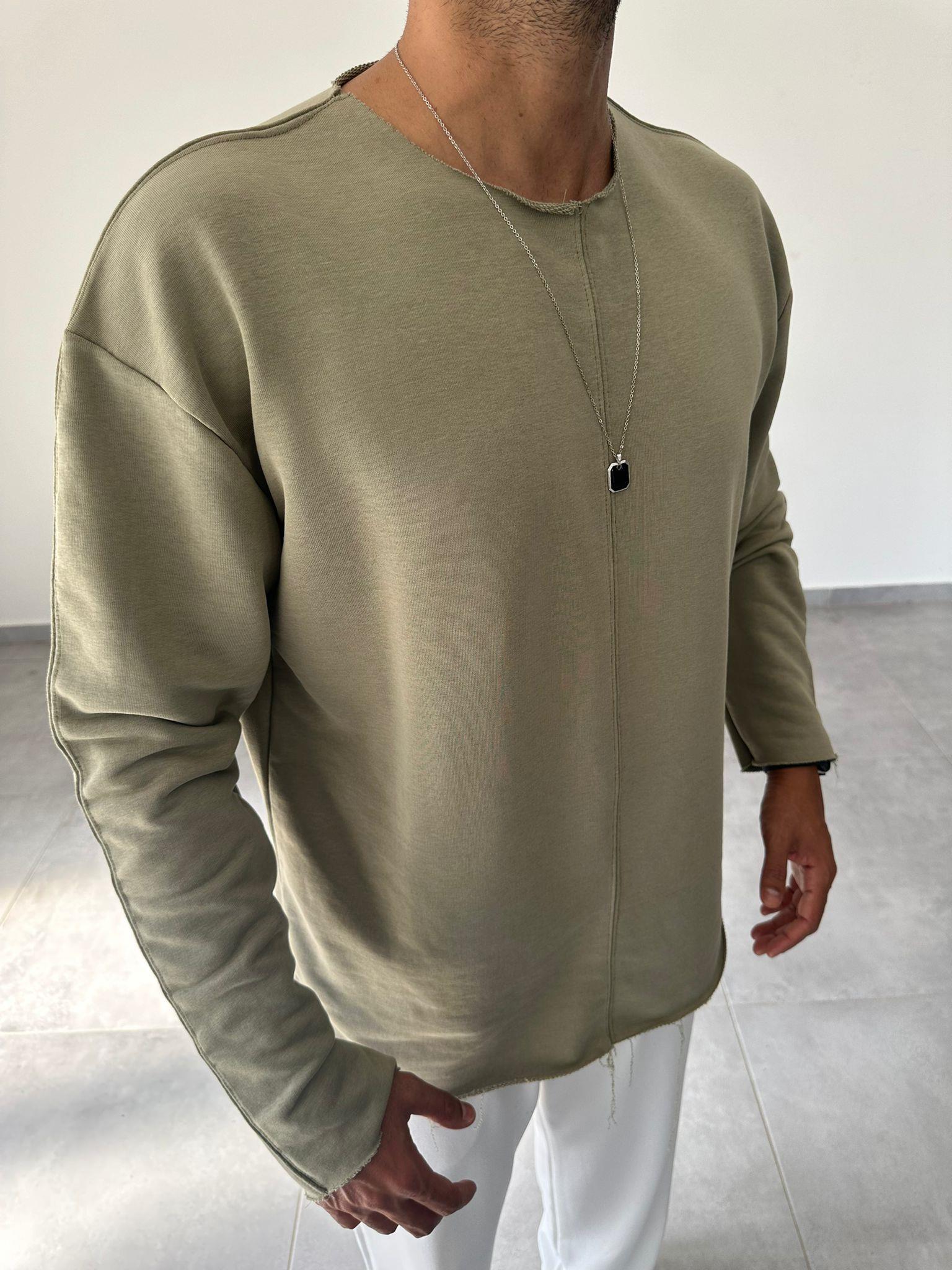 Çağla Renk Kesik Yaka Ve Dikiş Detaylı Oversize Kesim Sweatshirt