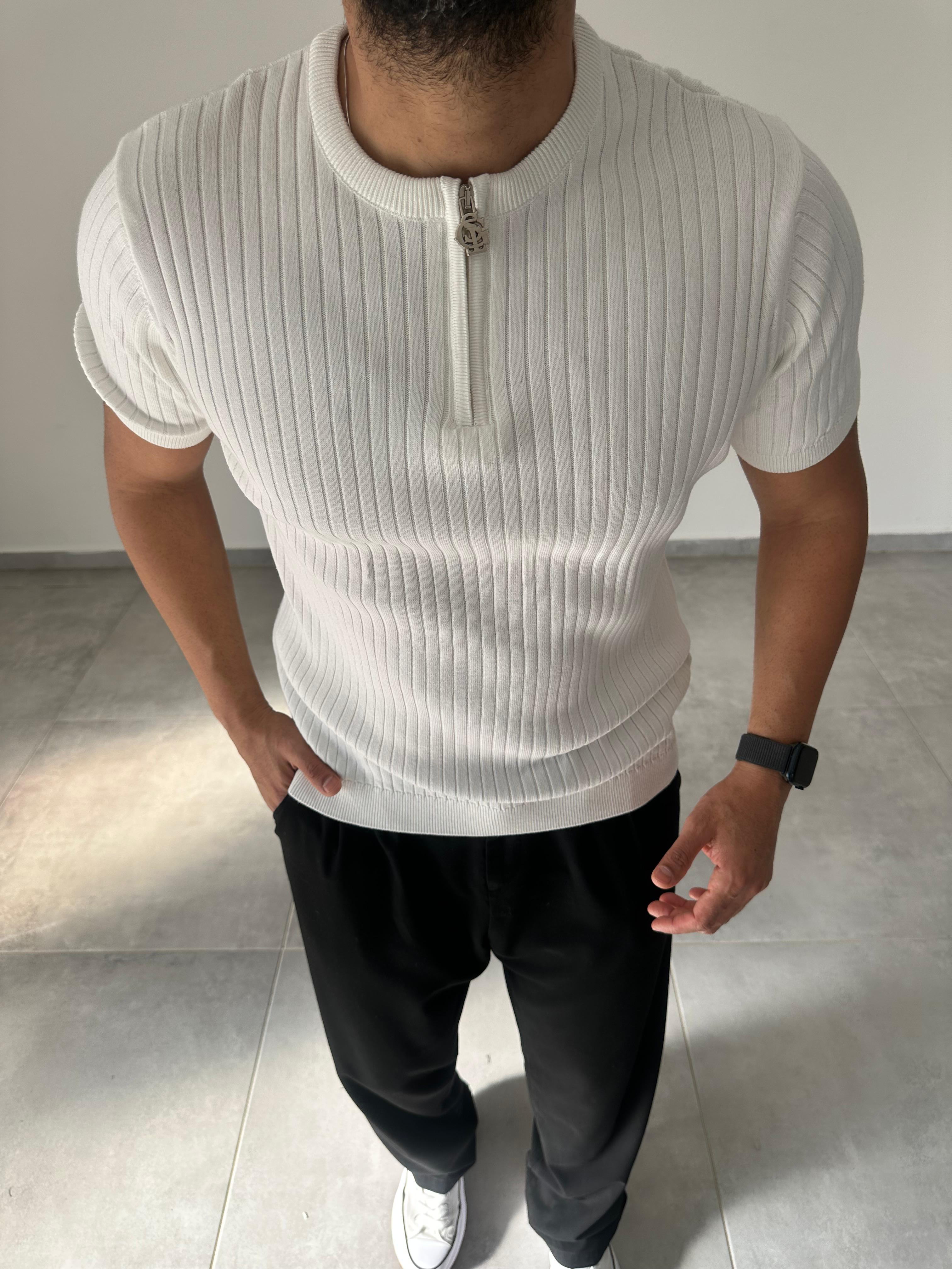Beyaz Renk Fermuar Detaylı Premium Kalite Basic Triko T-Shirt