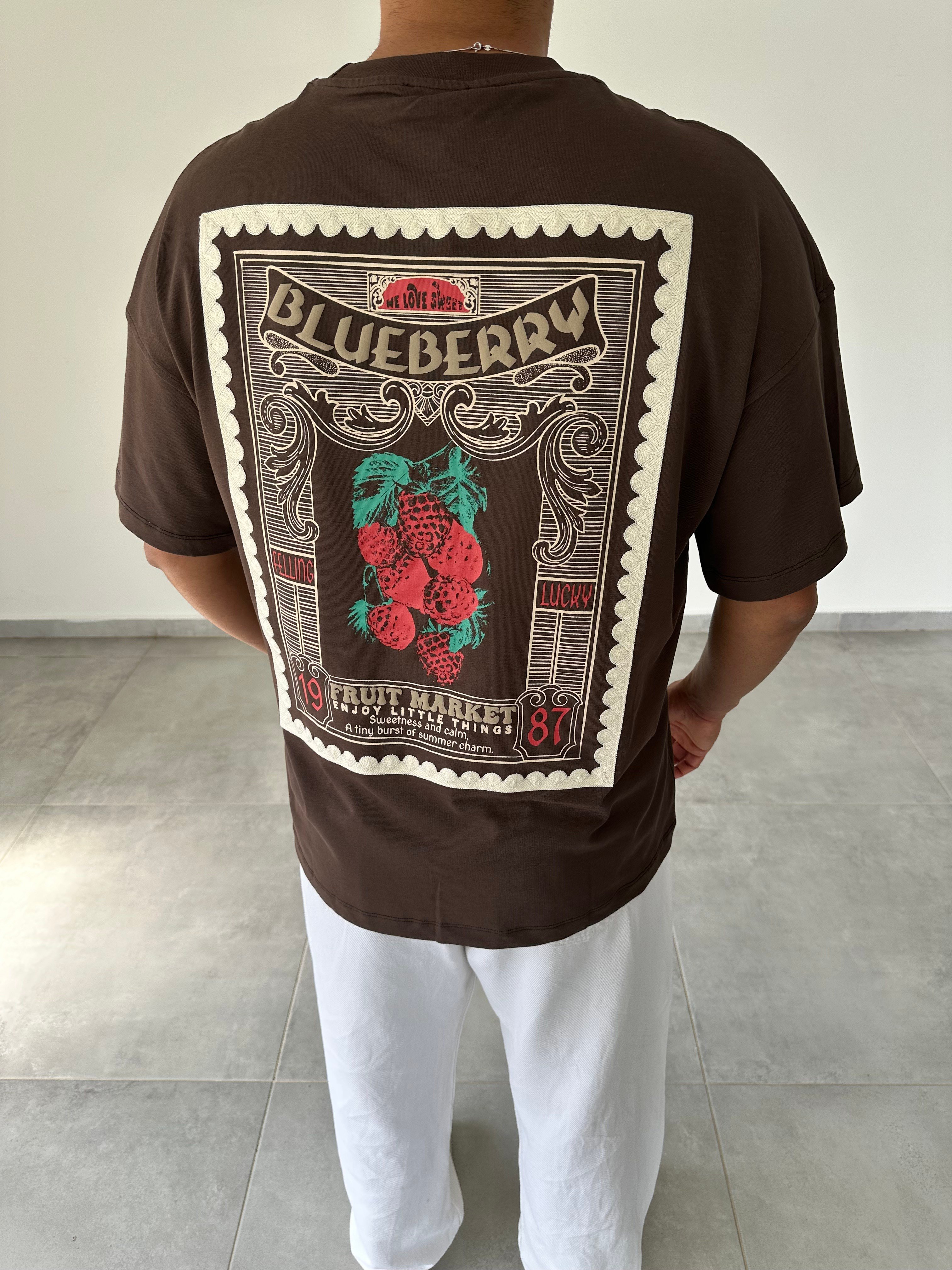 Kahve Renk Blueberry Nakış Ve Baskı Detaylı Oversize T-Shirt