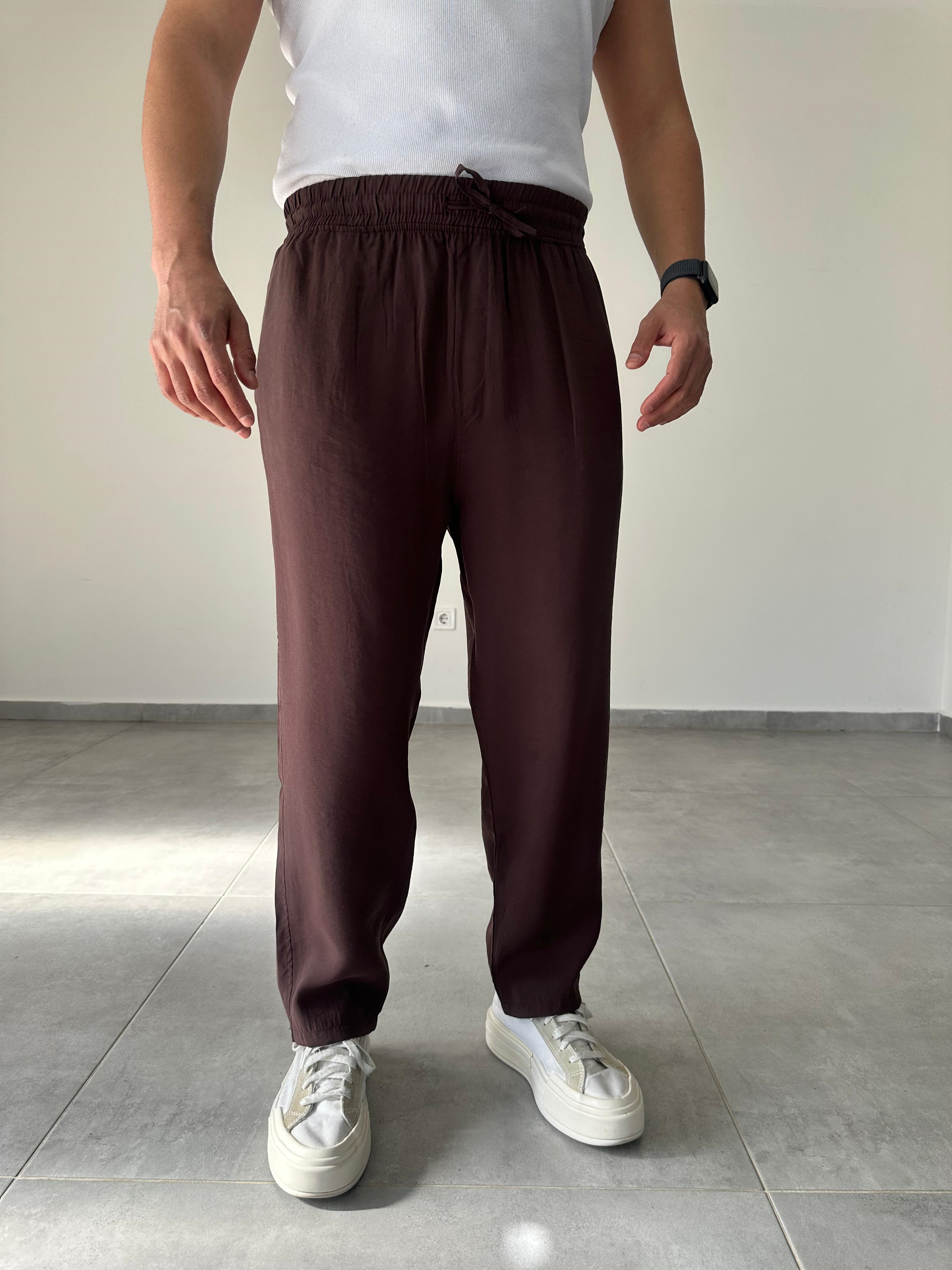 Tensel Kumaş Kahve Renk Rahat Kesim İnce Jogger