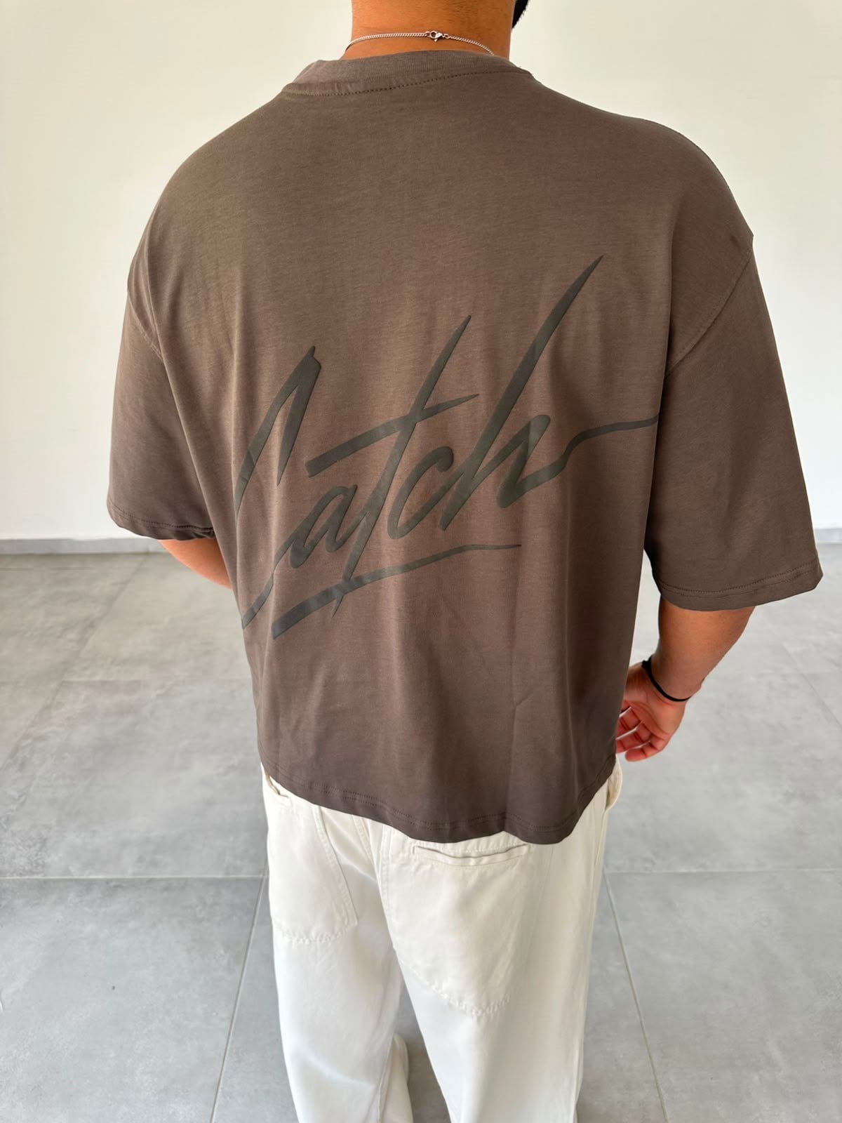 Kahve Renk Catch Baskılı Crop Fit Oversize T-Shirt