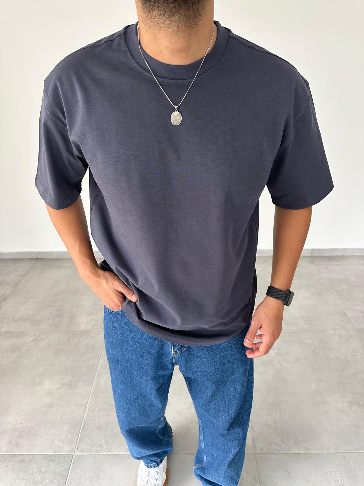 Antrasit Renk Oversize Kesim Basic T-Shirt