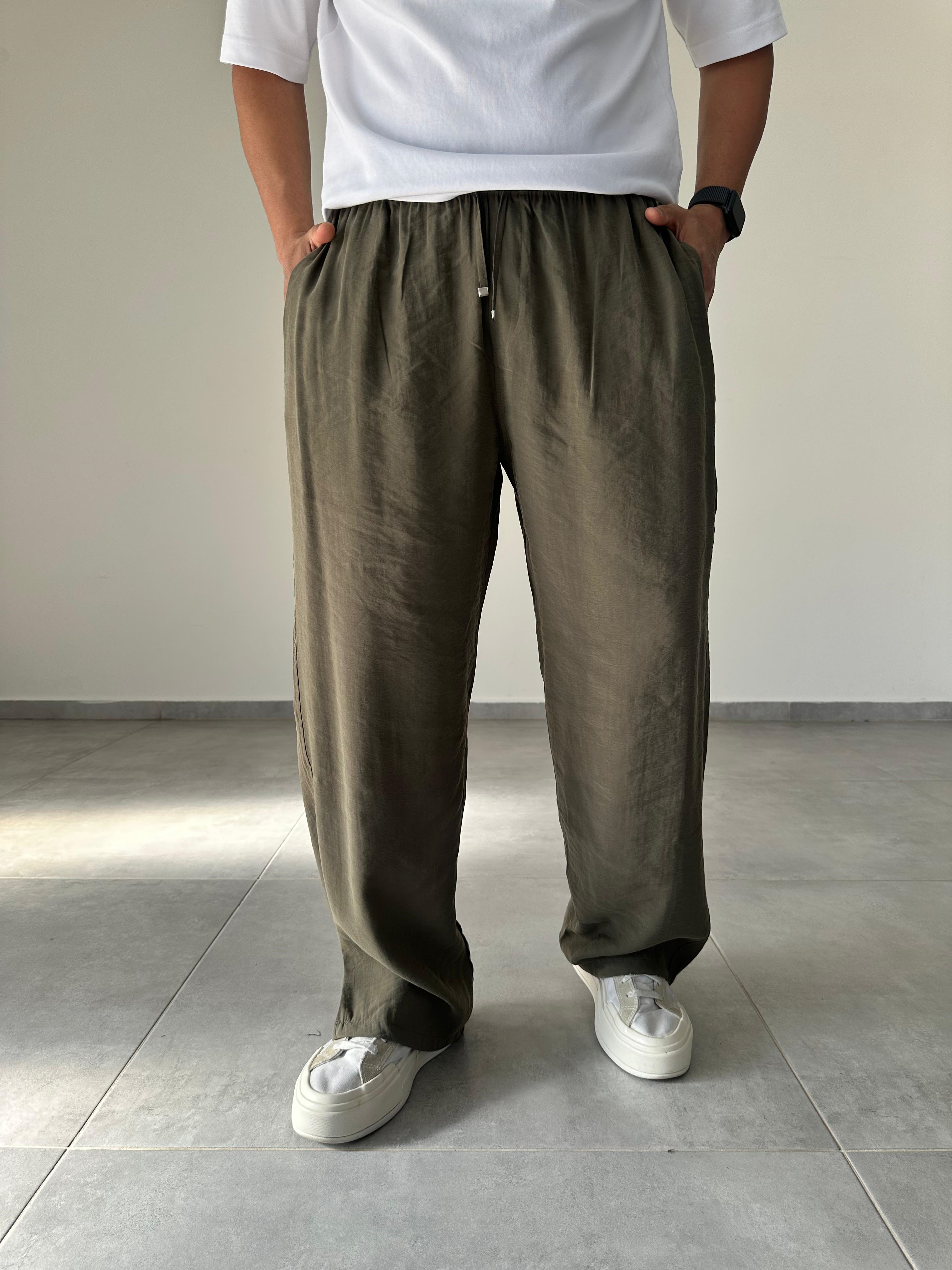 Tensel Kumaş Haki Yeşil Renk Rahat Kesim İnce Baggy Pantolon