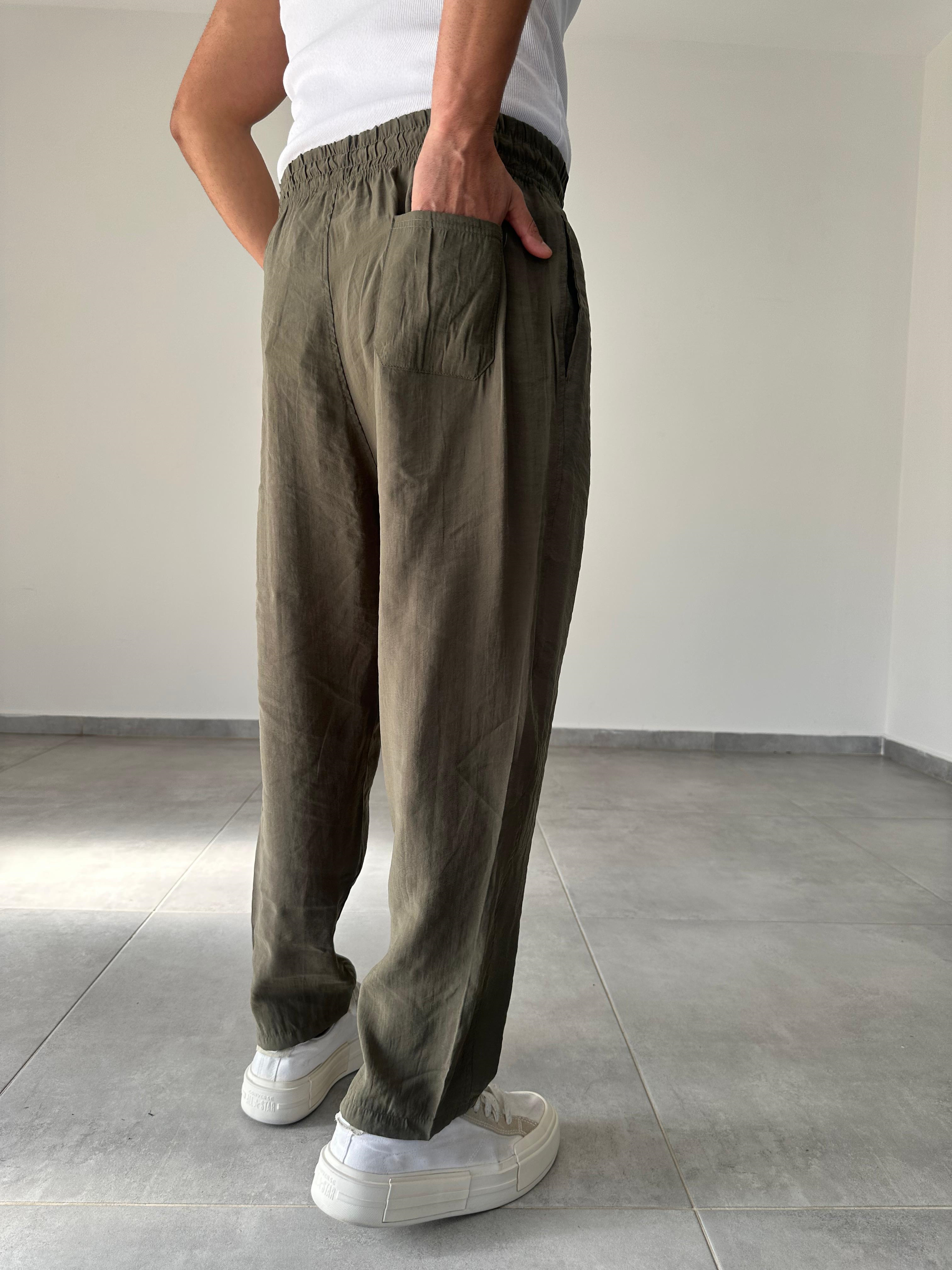 Tensel Kumaş Haki Yeşil Renk  Boyfriend Rahat Kesim İnce Jogger