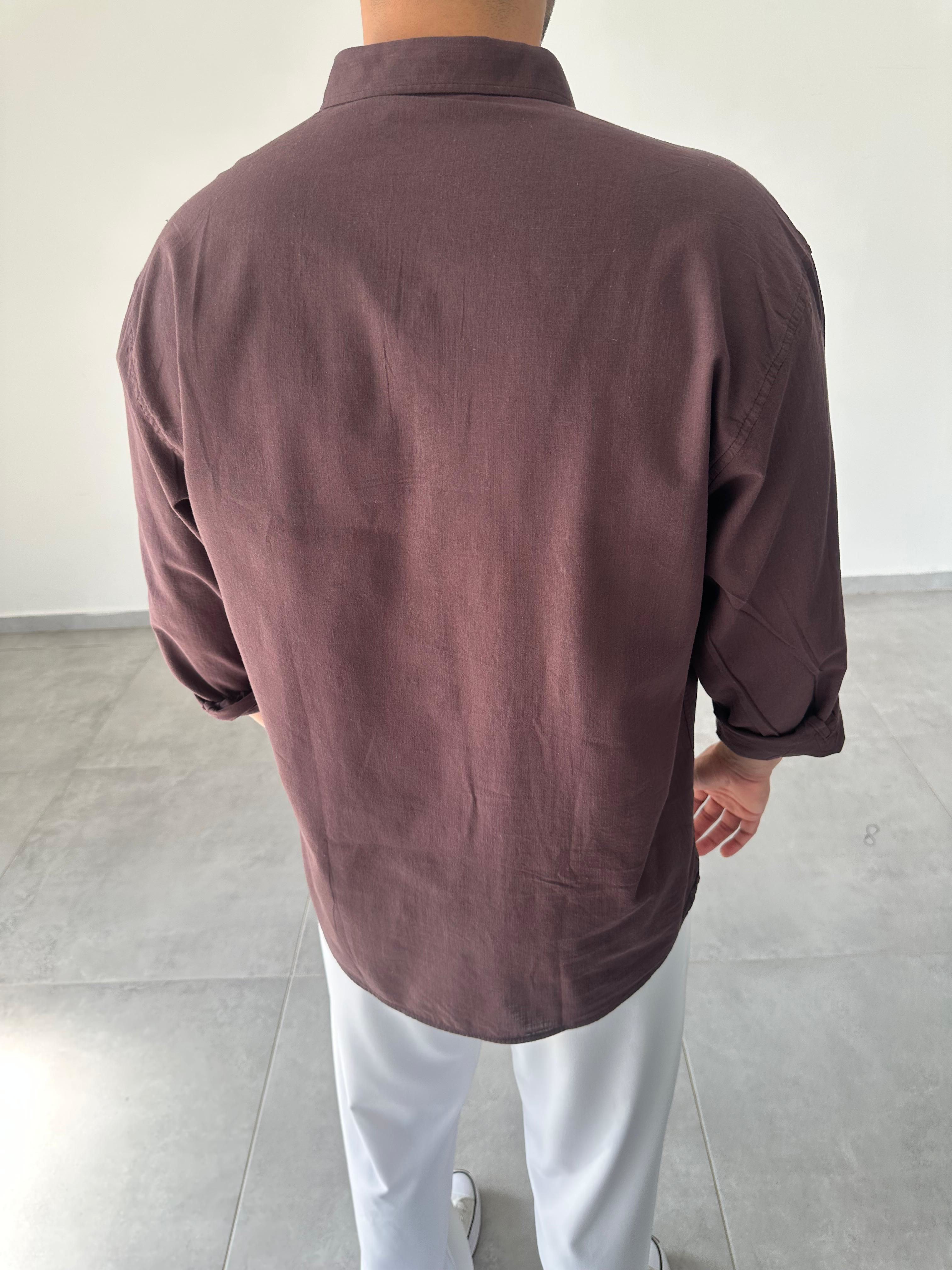 Kahve Renk Oversize Kesim Fresh Keten Gömlek