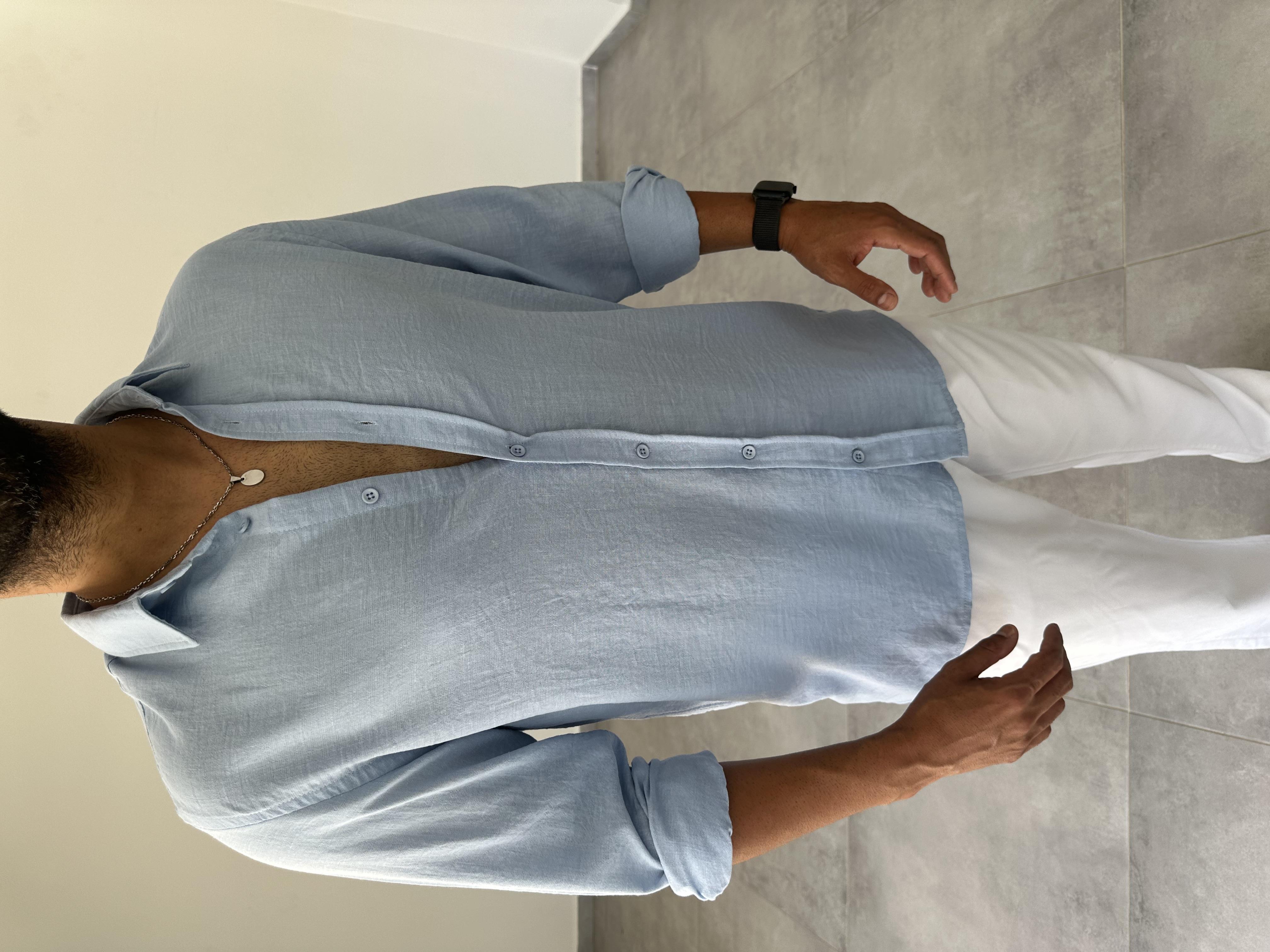 Bebe Mavisi Renk Comfort Fit Keten Gömlek