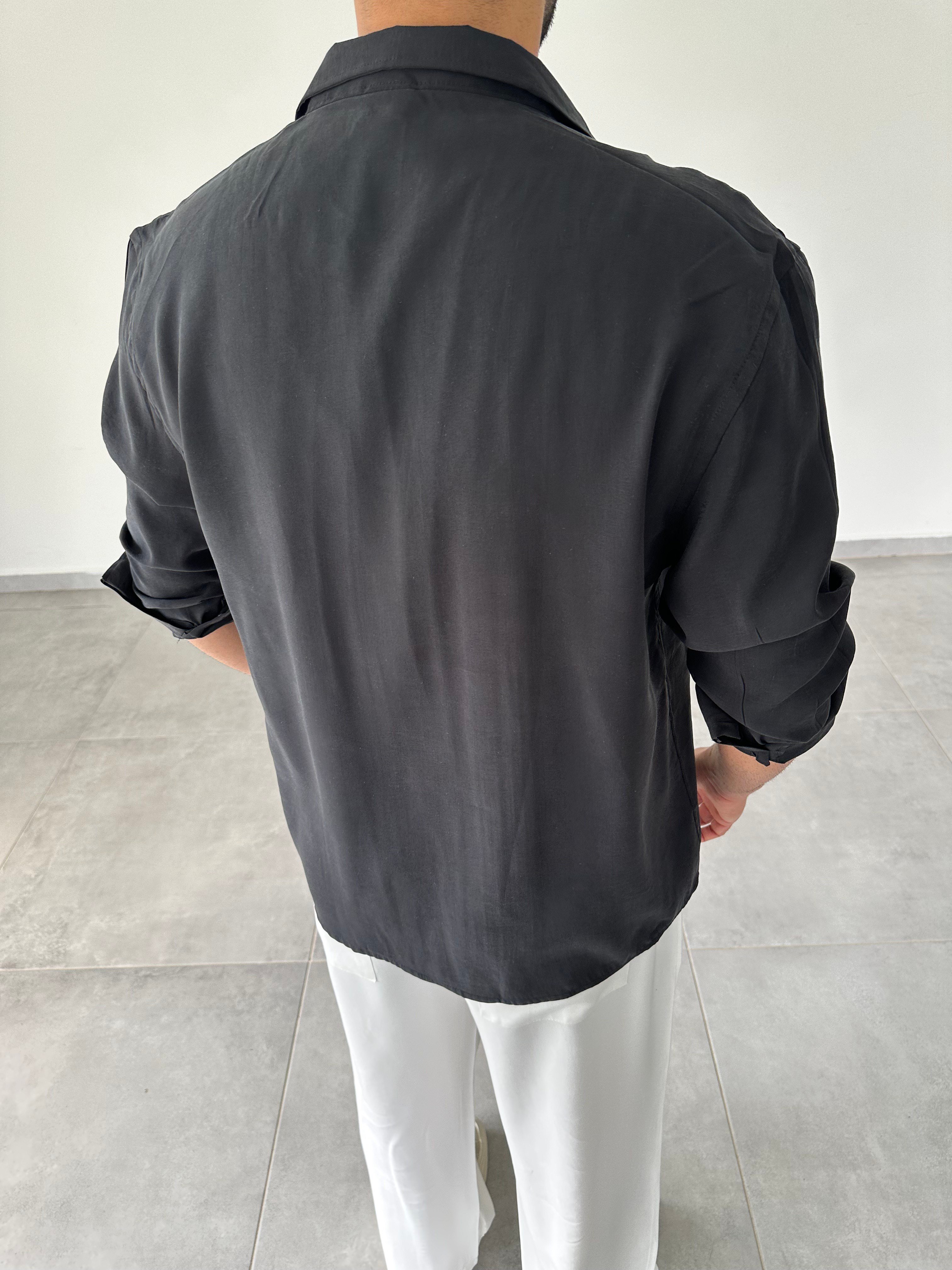 Siyah Modal Kumaş Oversize Basic Gömlek