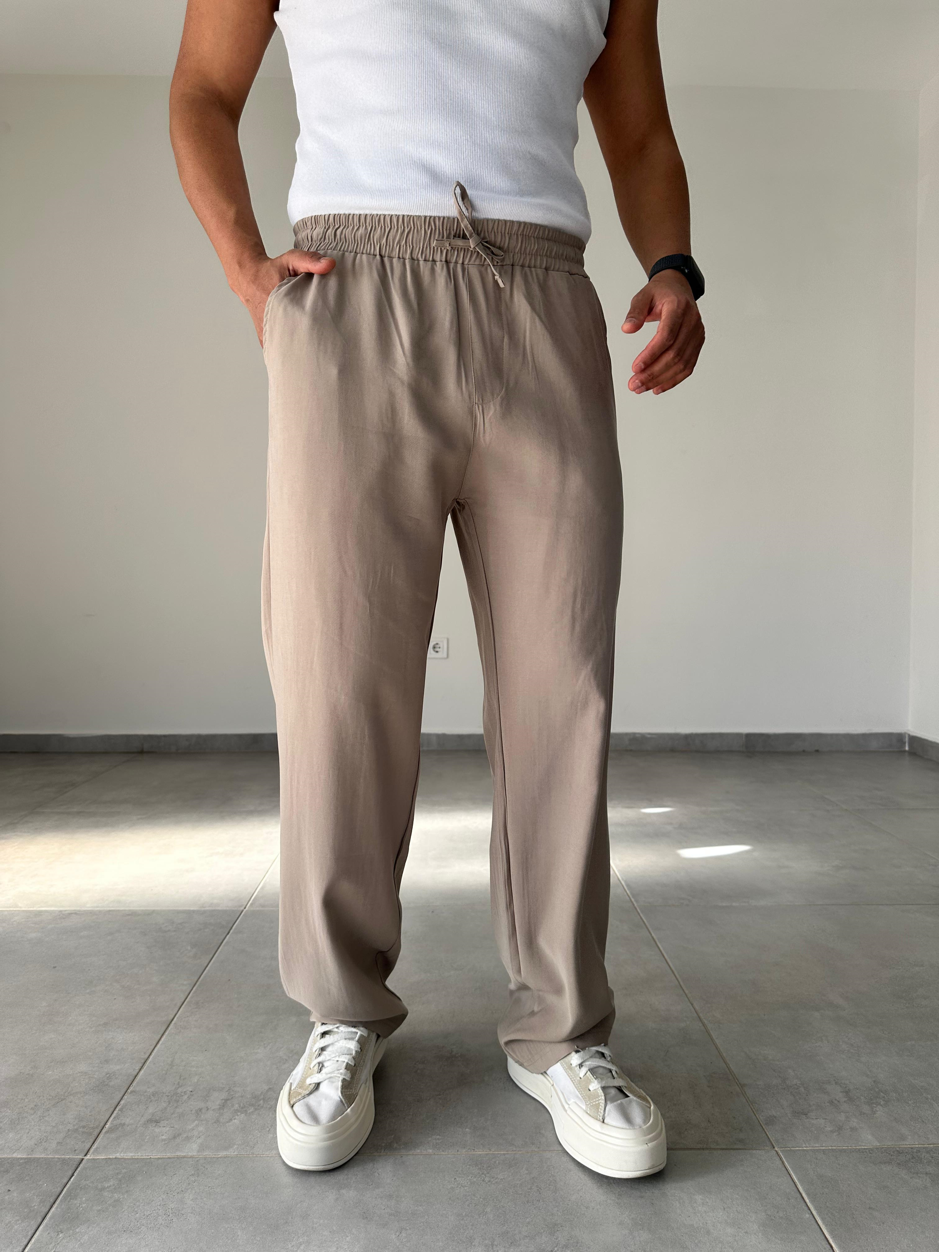 Modal Kumaş Taş Renk Bel Kısmı Lastikli Basic Baggy Pantolon