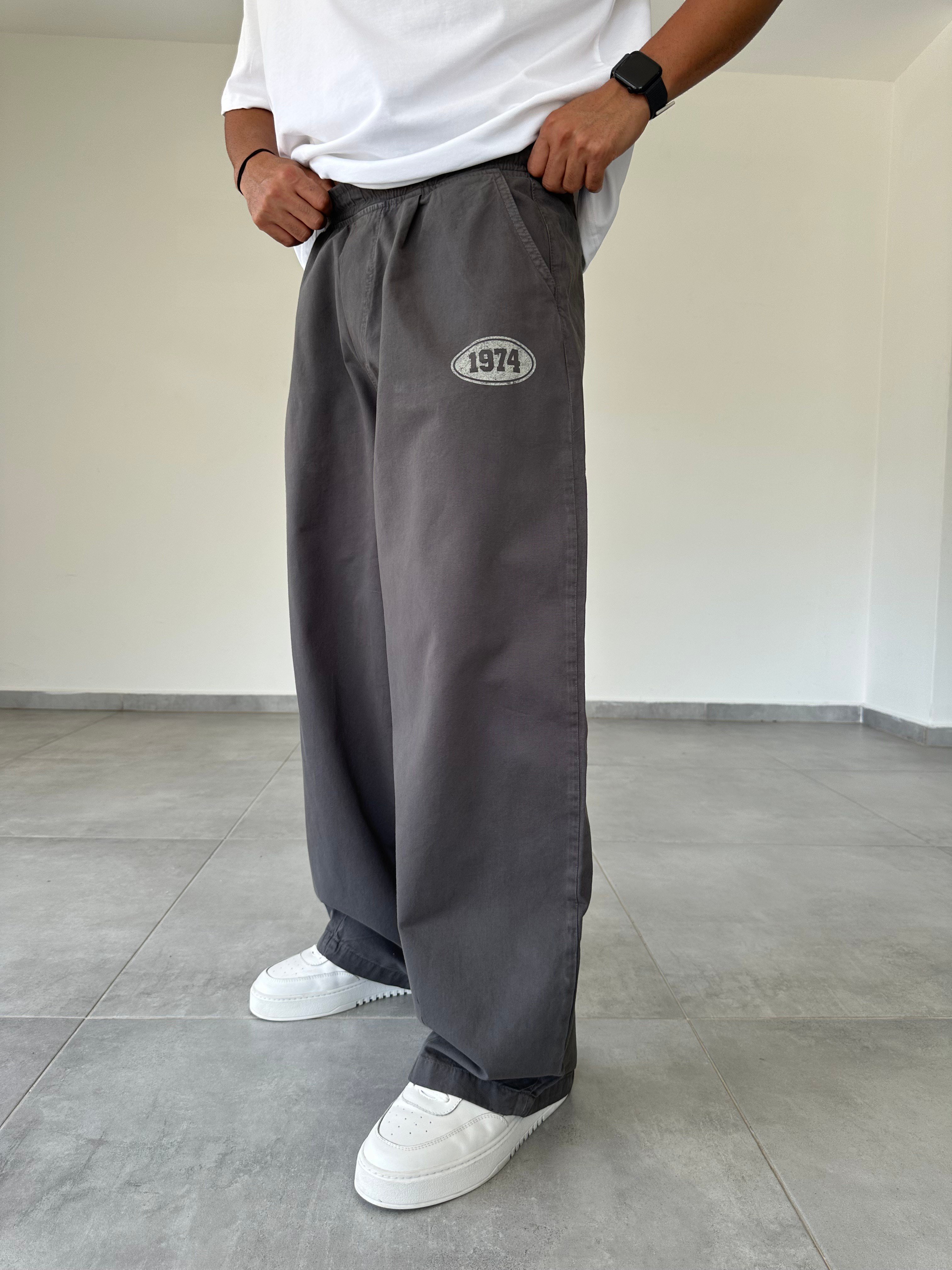 Füme Renk 1974 Baskı Detaylı Ekstra Bol Gabardin Baggy