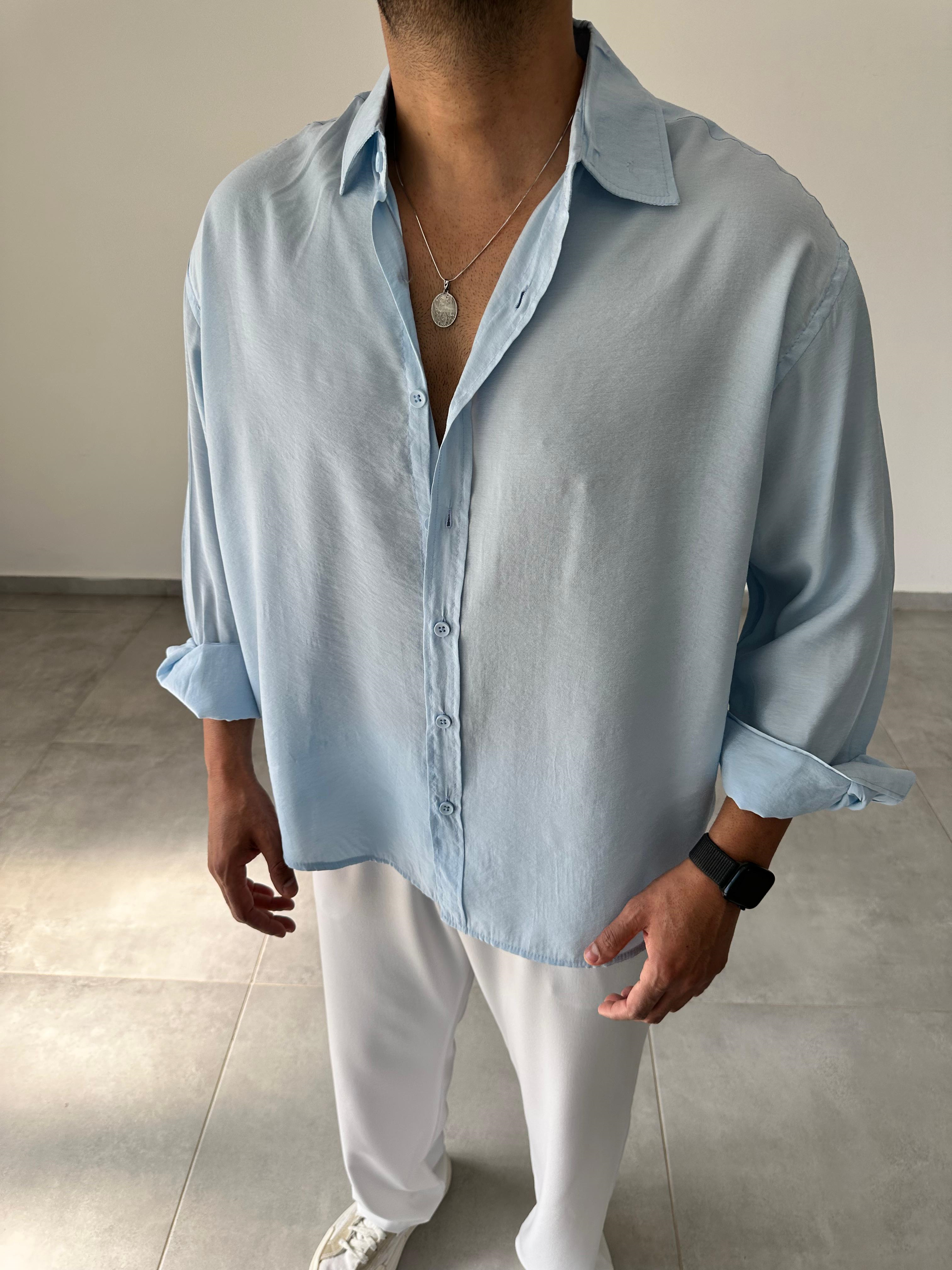 Bebe Mavisi Renk Modal Kumaş Oversize Kesim Basic Gömlek
