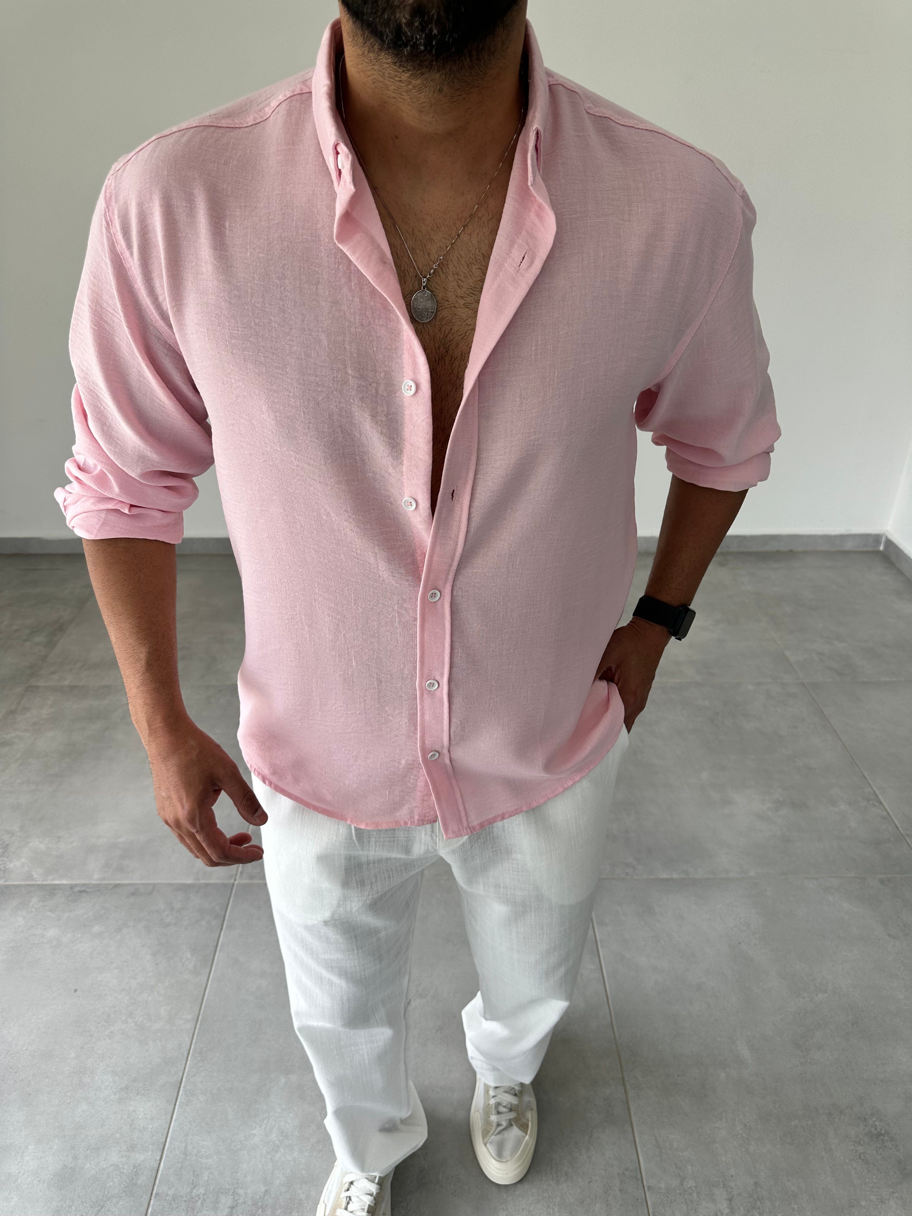 Pembe Renk Relax Fit Keten Gömlek