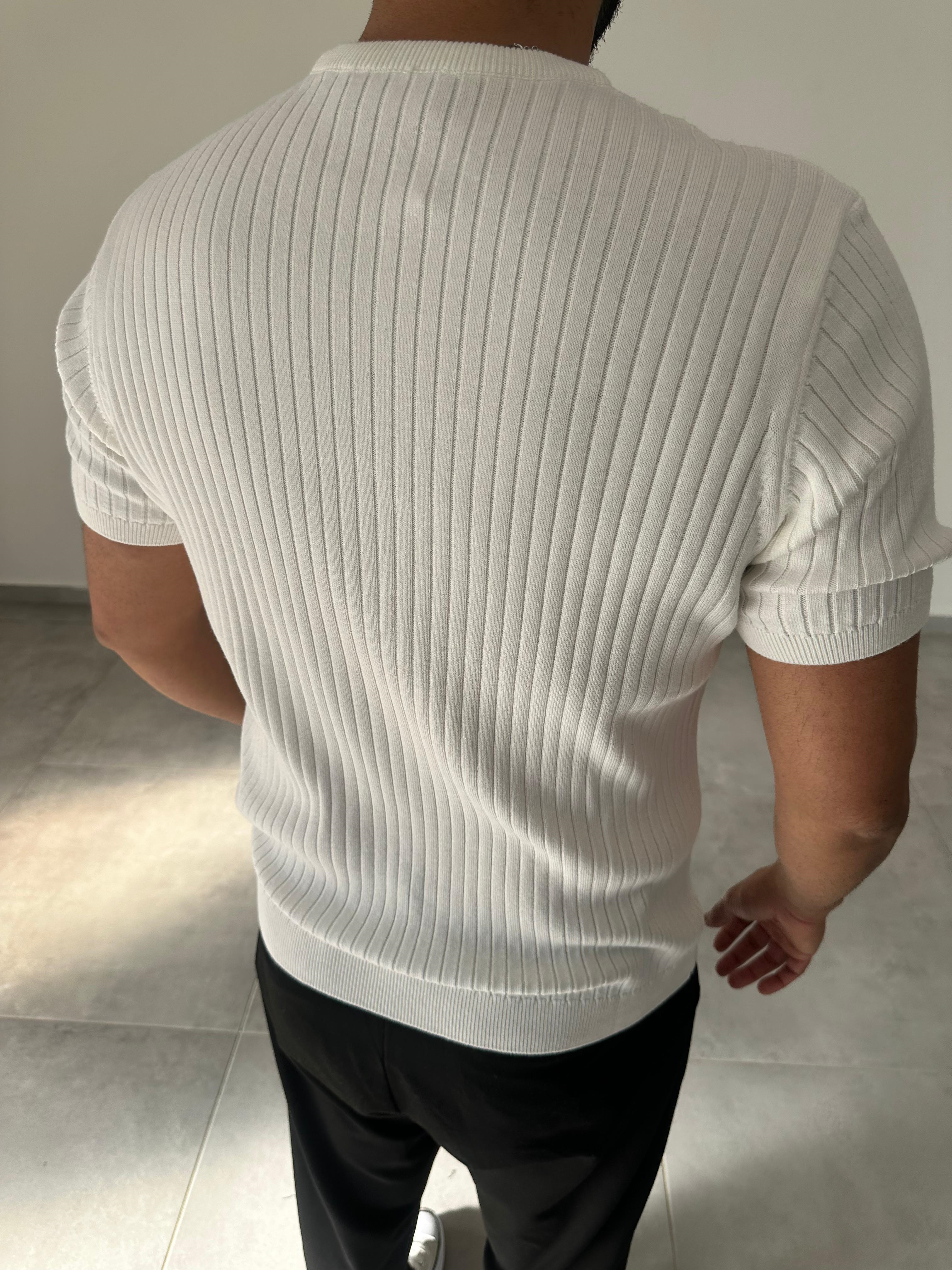Beyaz Renk Fermuar Detaylı Premium Kalite Basic Triko T-Shirt