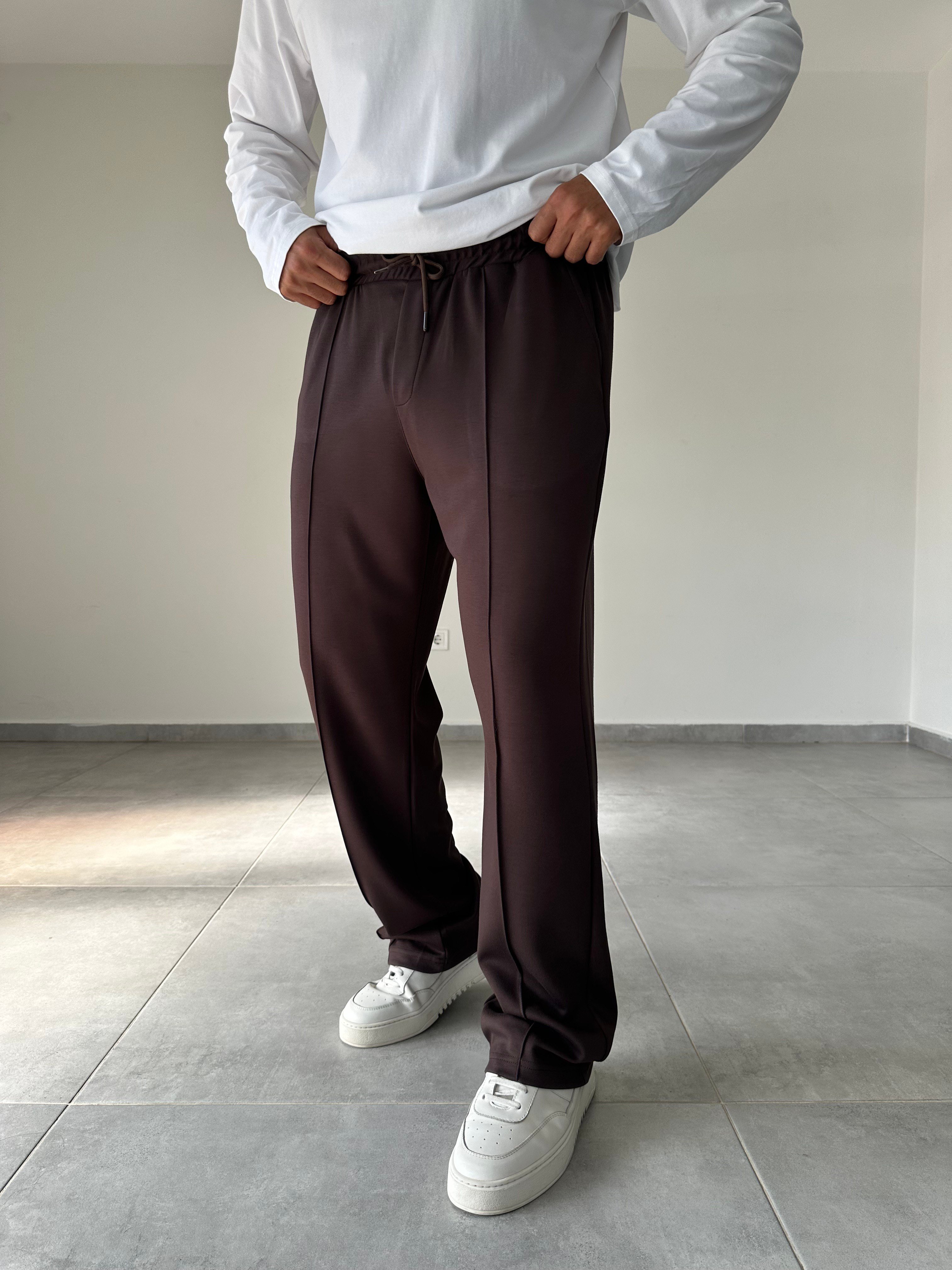Kahve Renk Modal Kumaş Ön Kısmı Çımalı Basic Baggy Pantolon