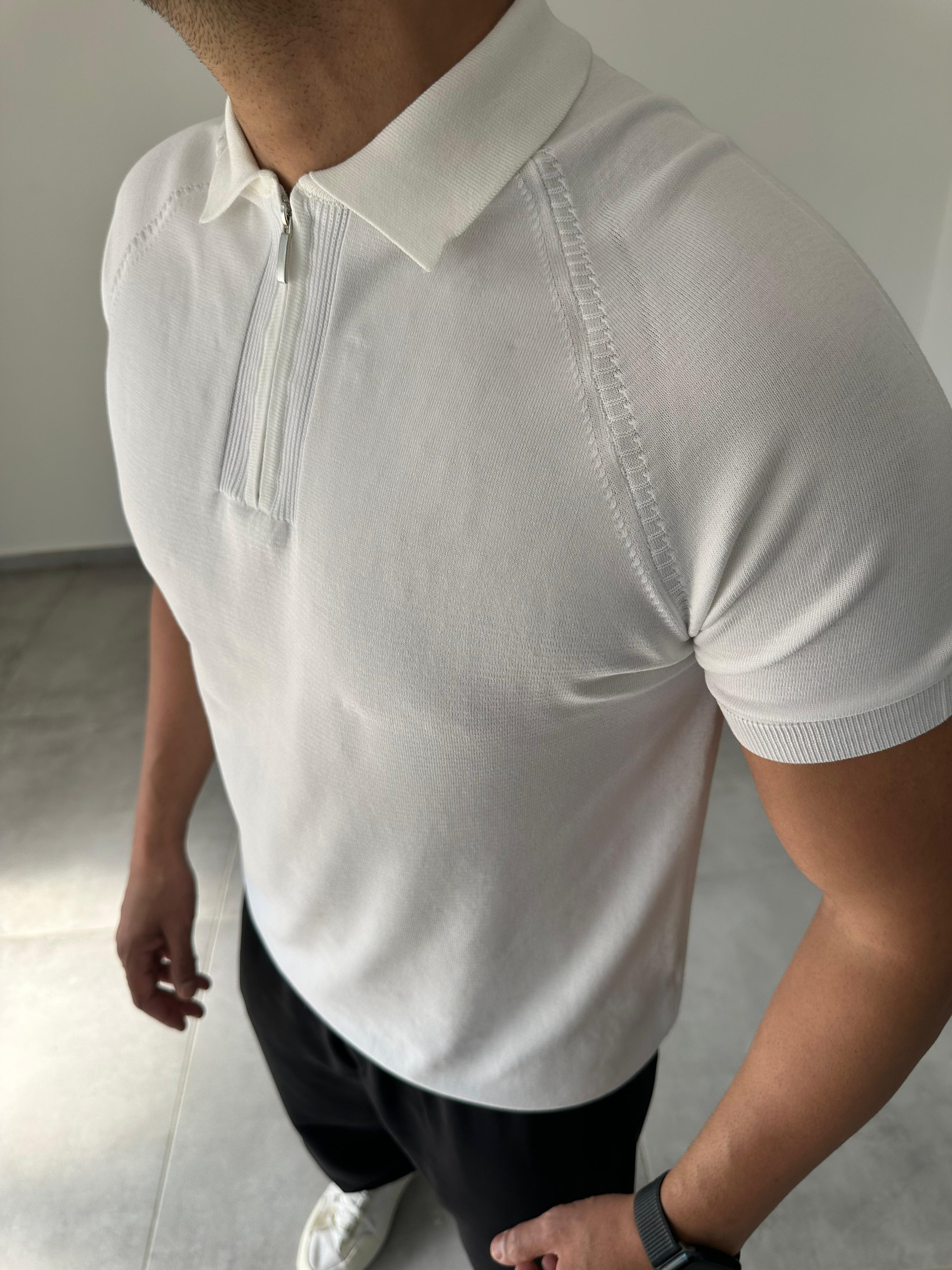 Polo Yaka Örgü Desenli Beyaz Renk Triko T-Shirt