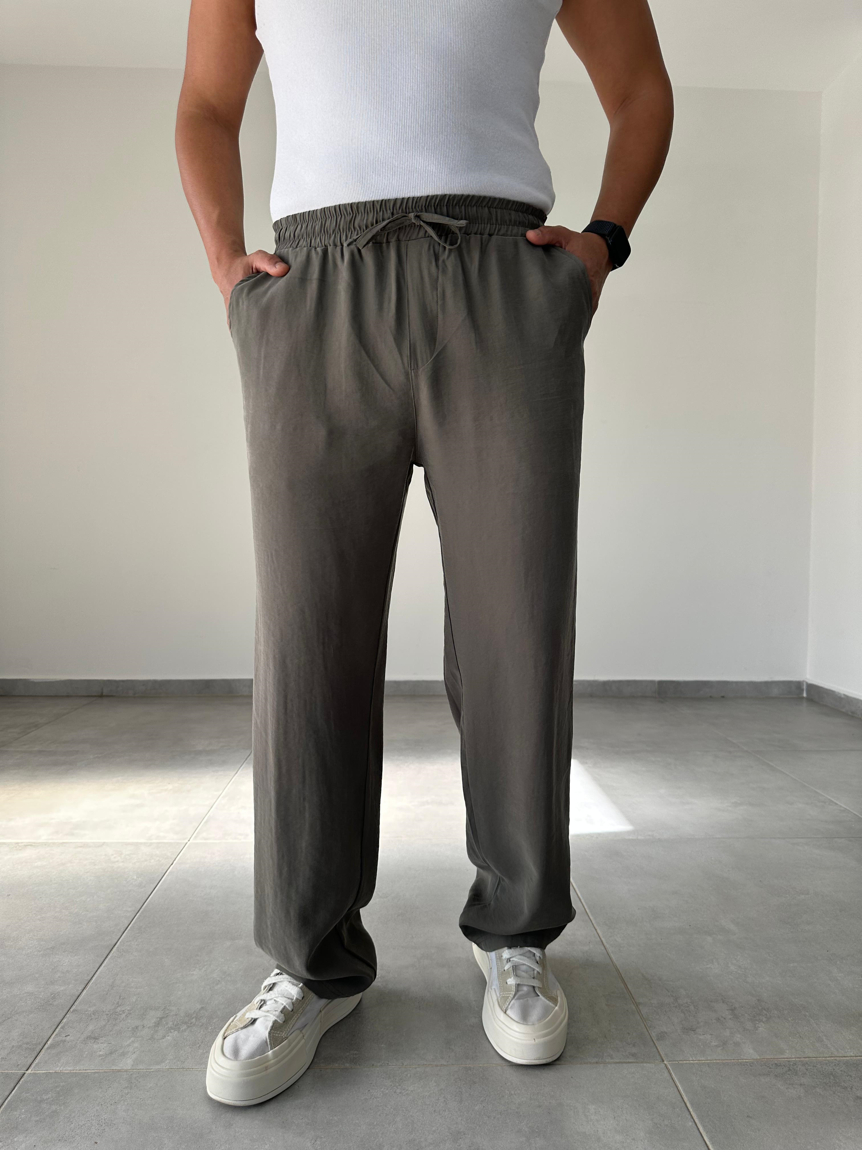 Modal Kumaş Haki Yeşil Renk Bel Kısmı Lastikli Basic Baggy Pantolon