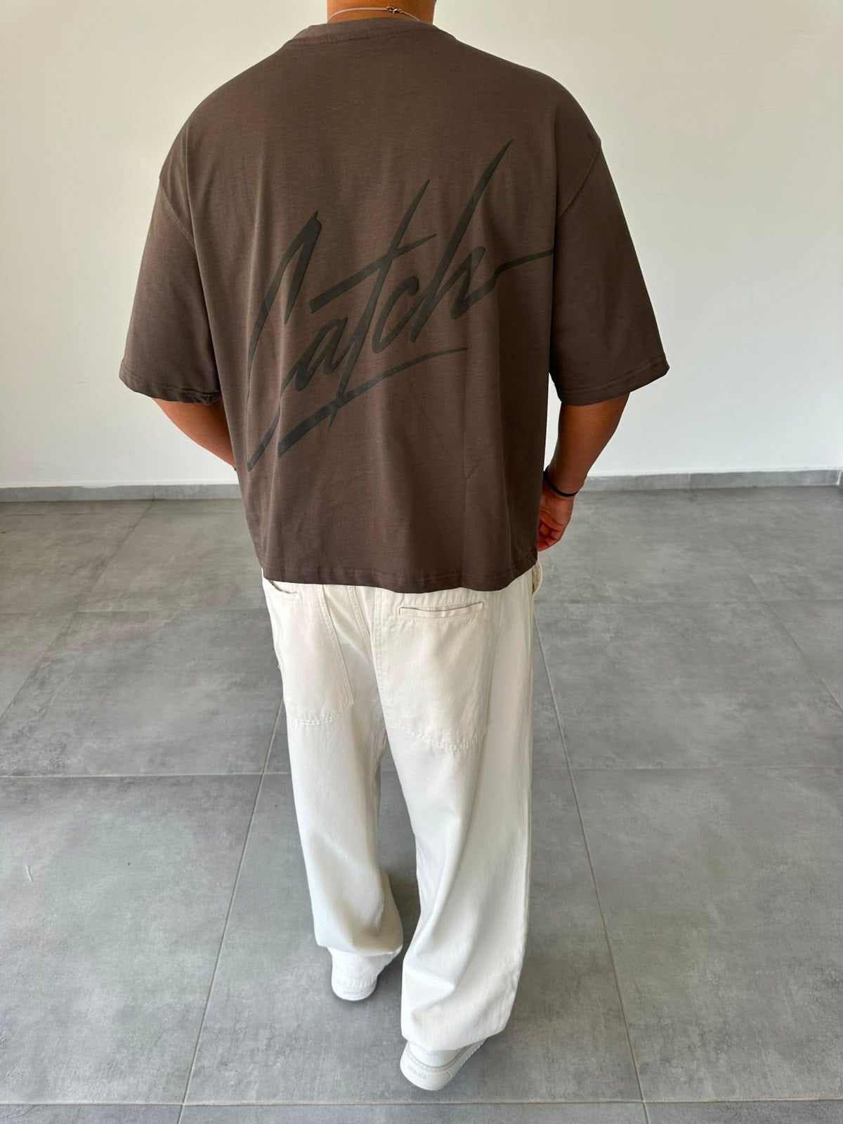 Kahve Renk Catch Baskılı Crop Fit Oversize T-Shirt