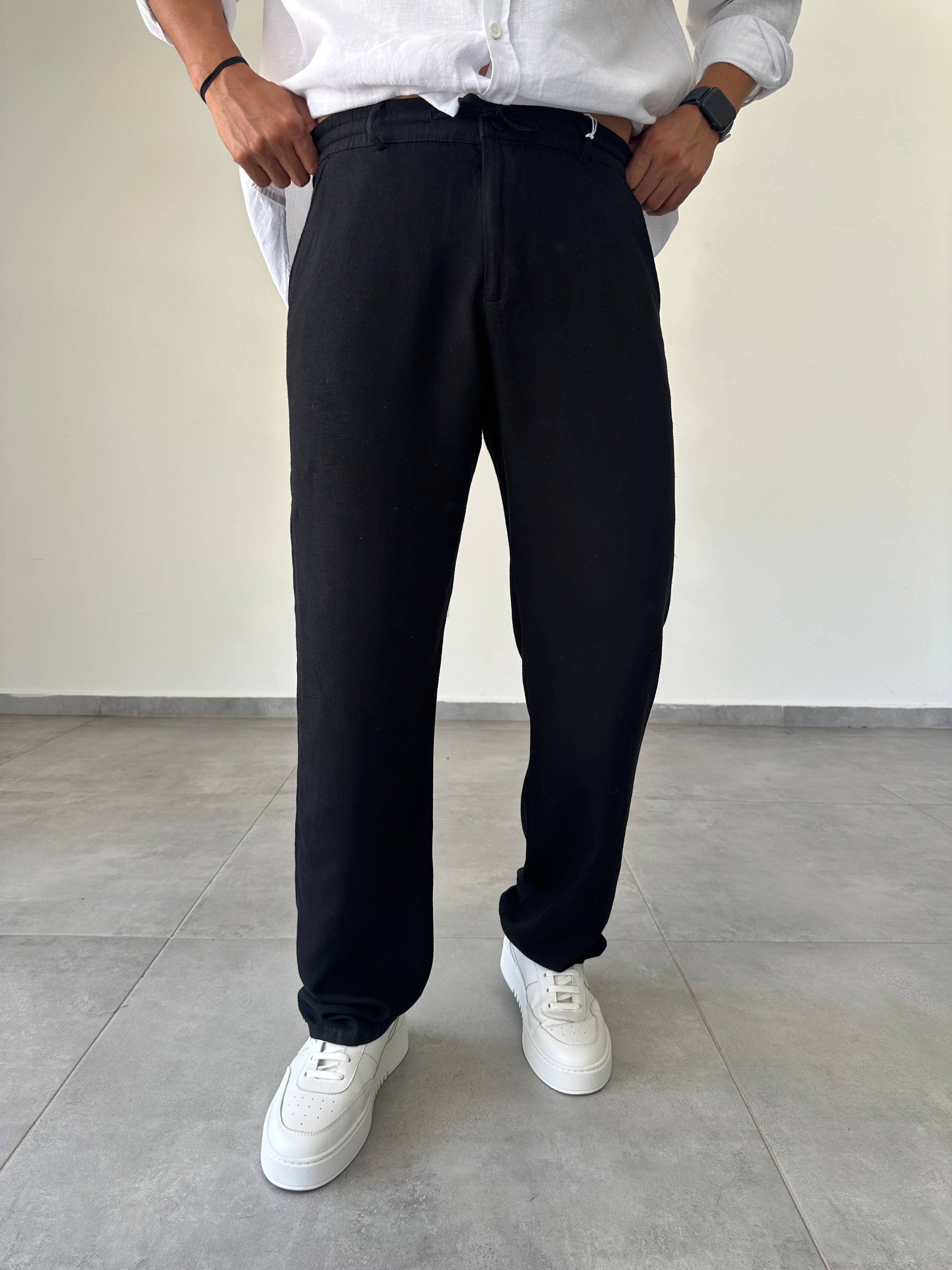 Siyah Renk Bel Kısmı Lastik Ve Bağcık Detaylı Yıkamalı Keten Pantolon