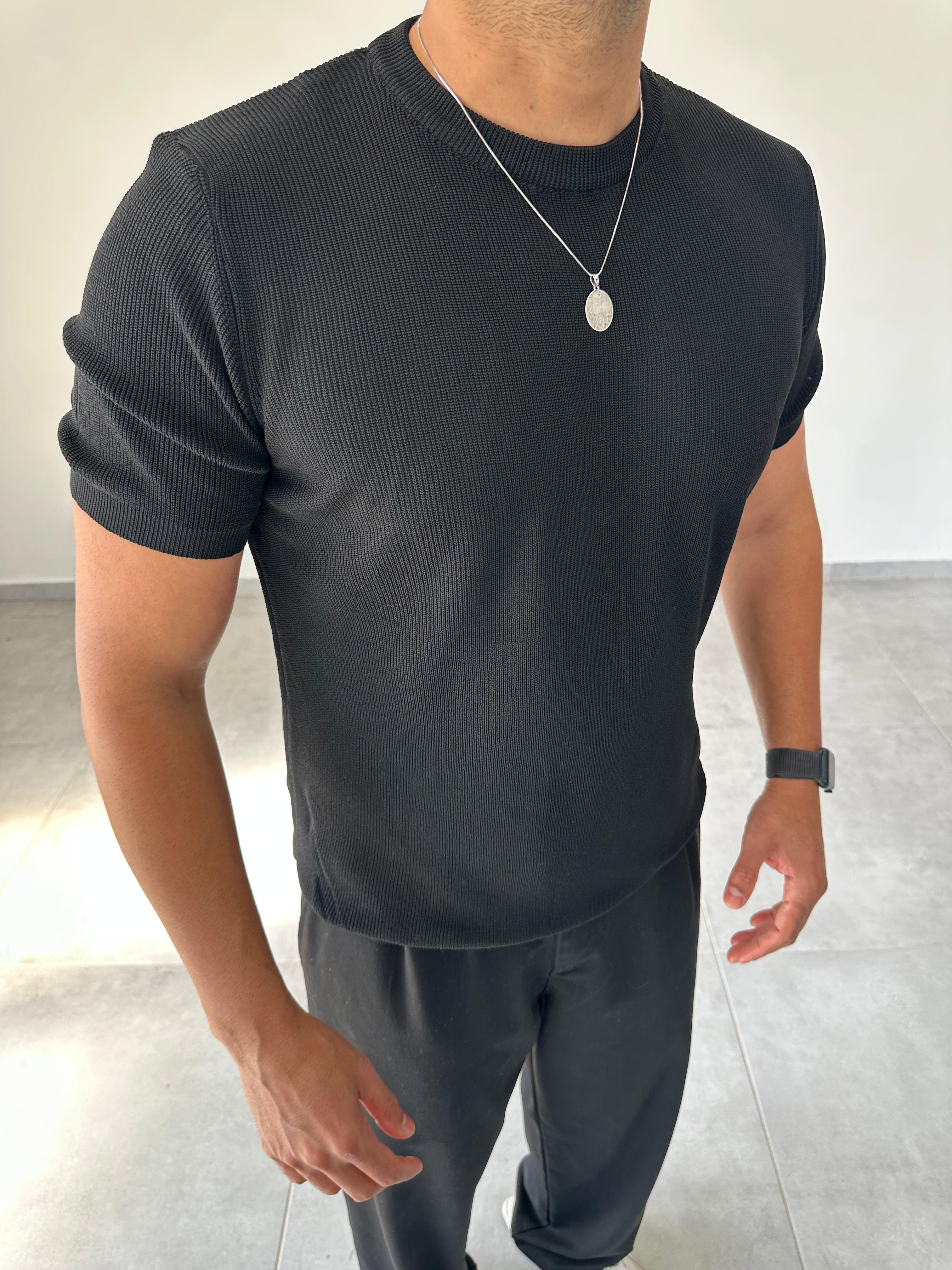 Siyah Renk Selanik Örme Regular Fit T-Shirt
