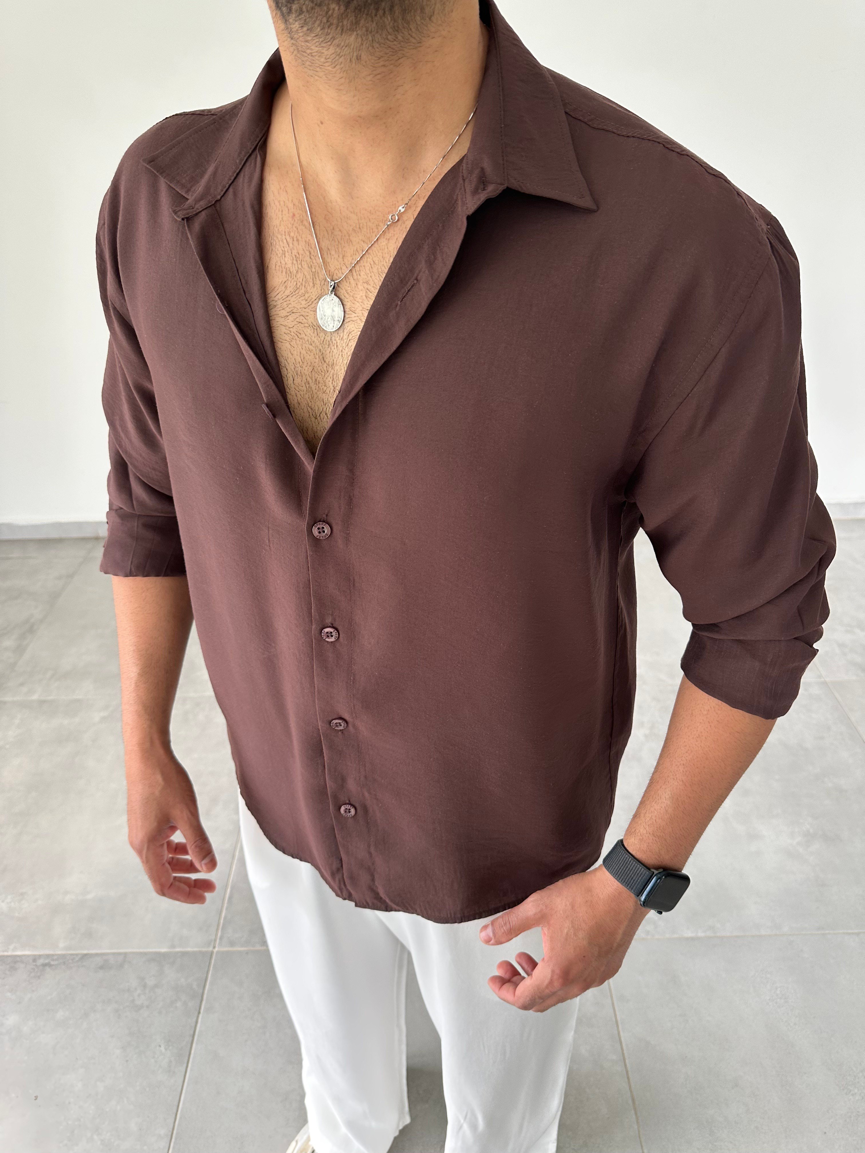 Kahve Modal Kumaş Oversize Basic Gömlek