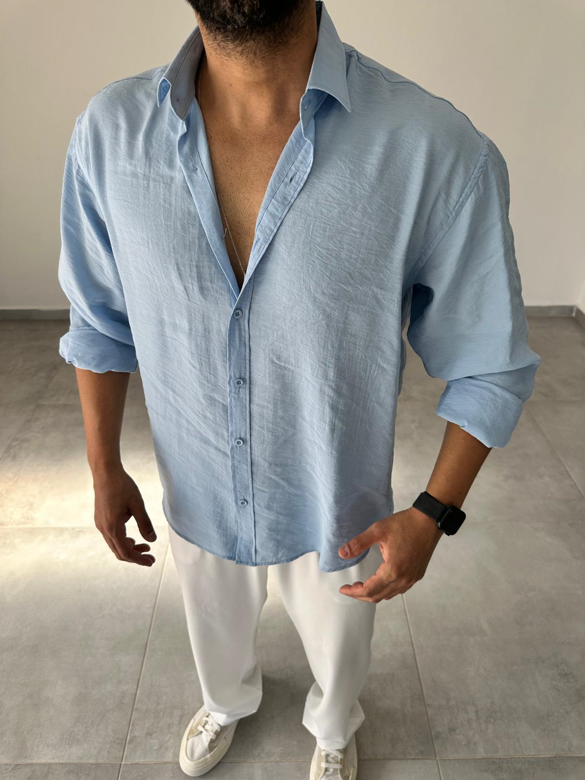 Modal Kumaş Bebe Mavisi Renk Oversize Kesim Gömlek