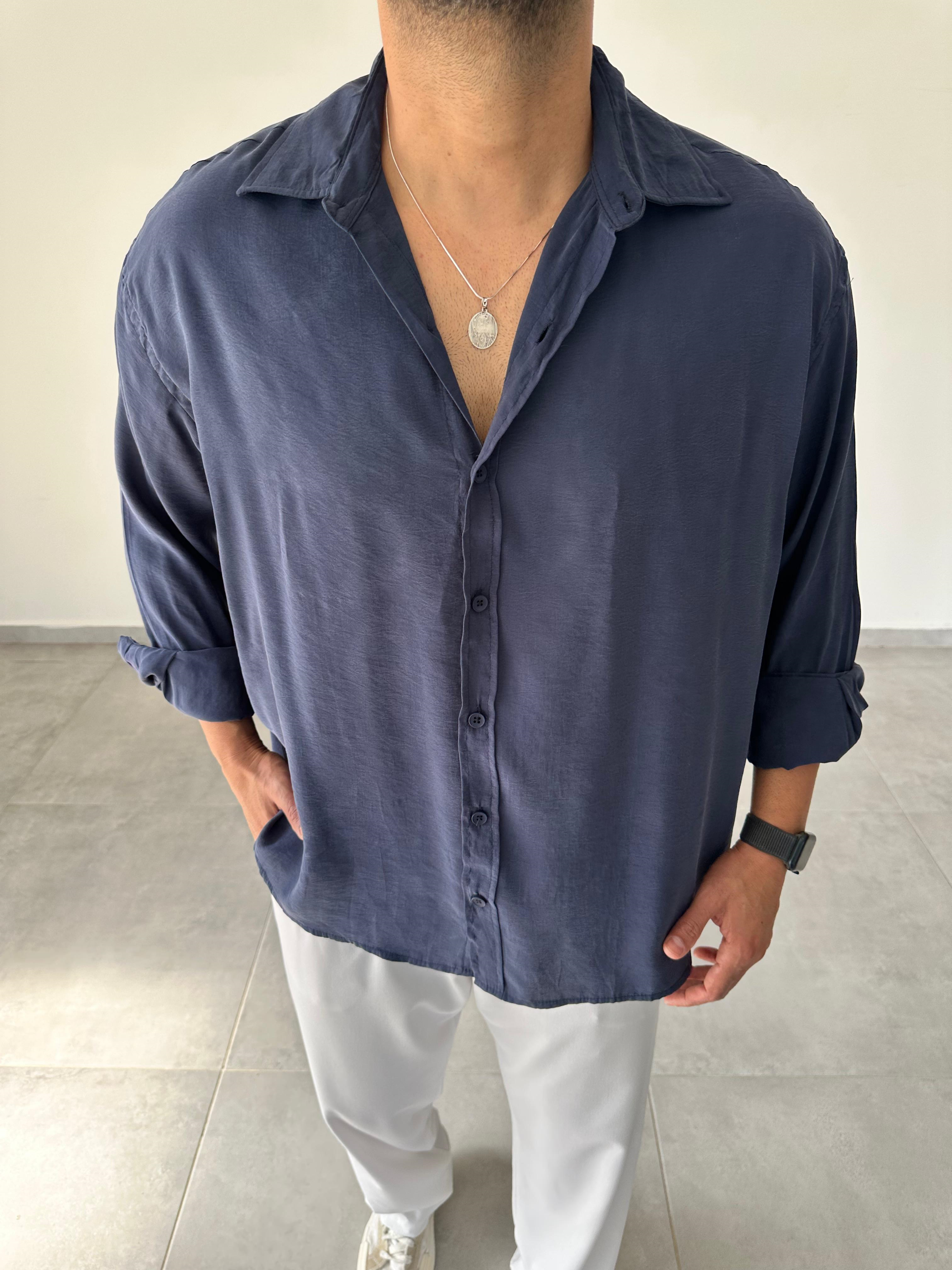 Lacivert Renk Modal Kumaş Oversize Kesim Basic Gömlek