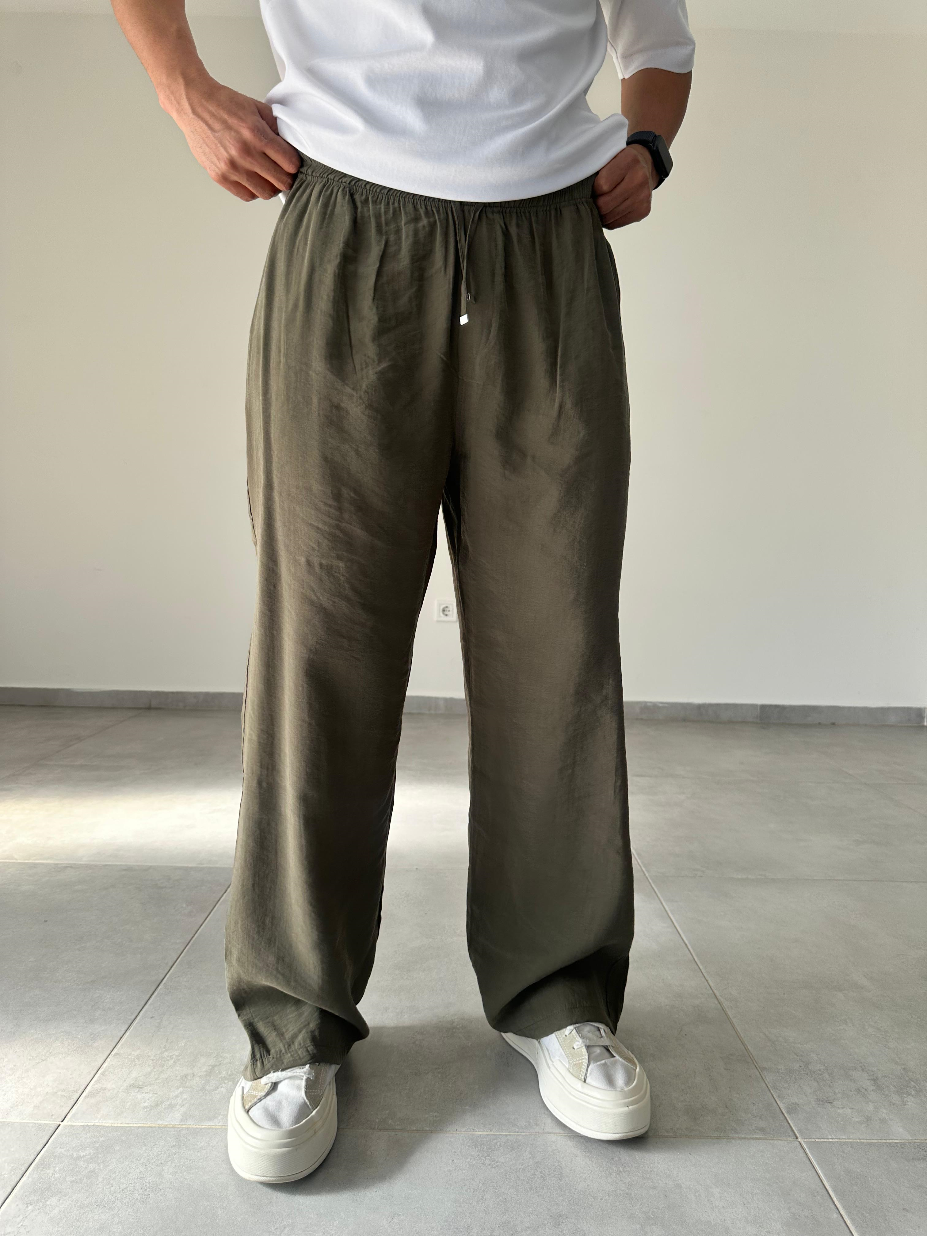 Tensel Kumaş Haki Yeşil Renk Rahat Kesim İnce Baggy Pantolon