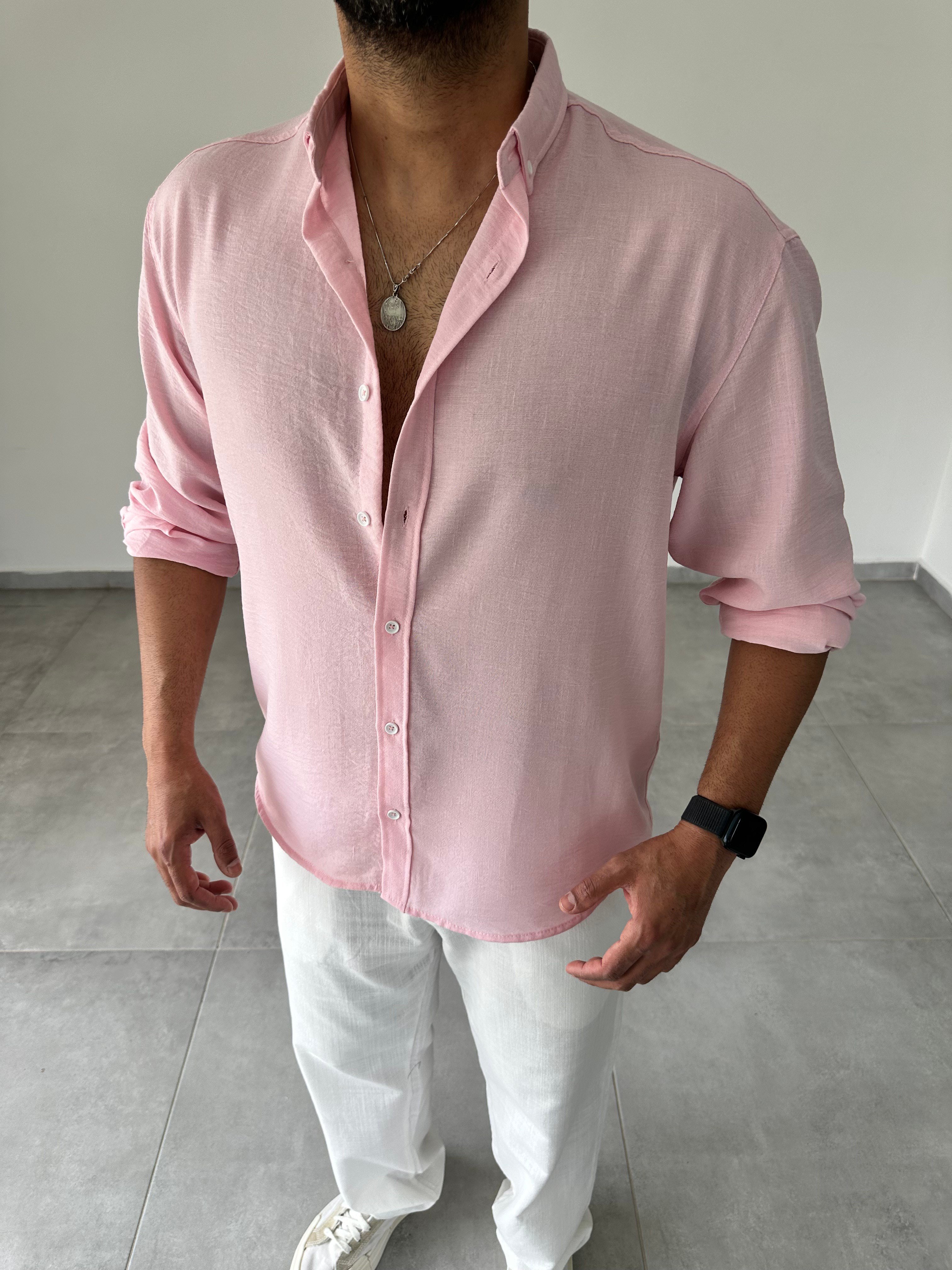 Pembe Renk Relax Fit Keten Gömlek