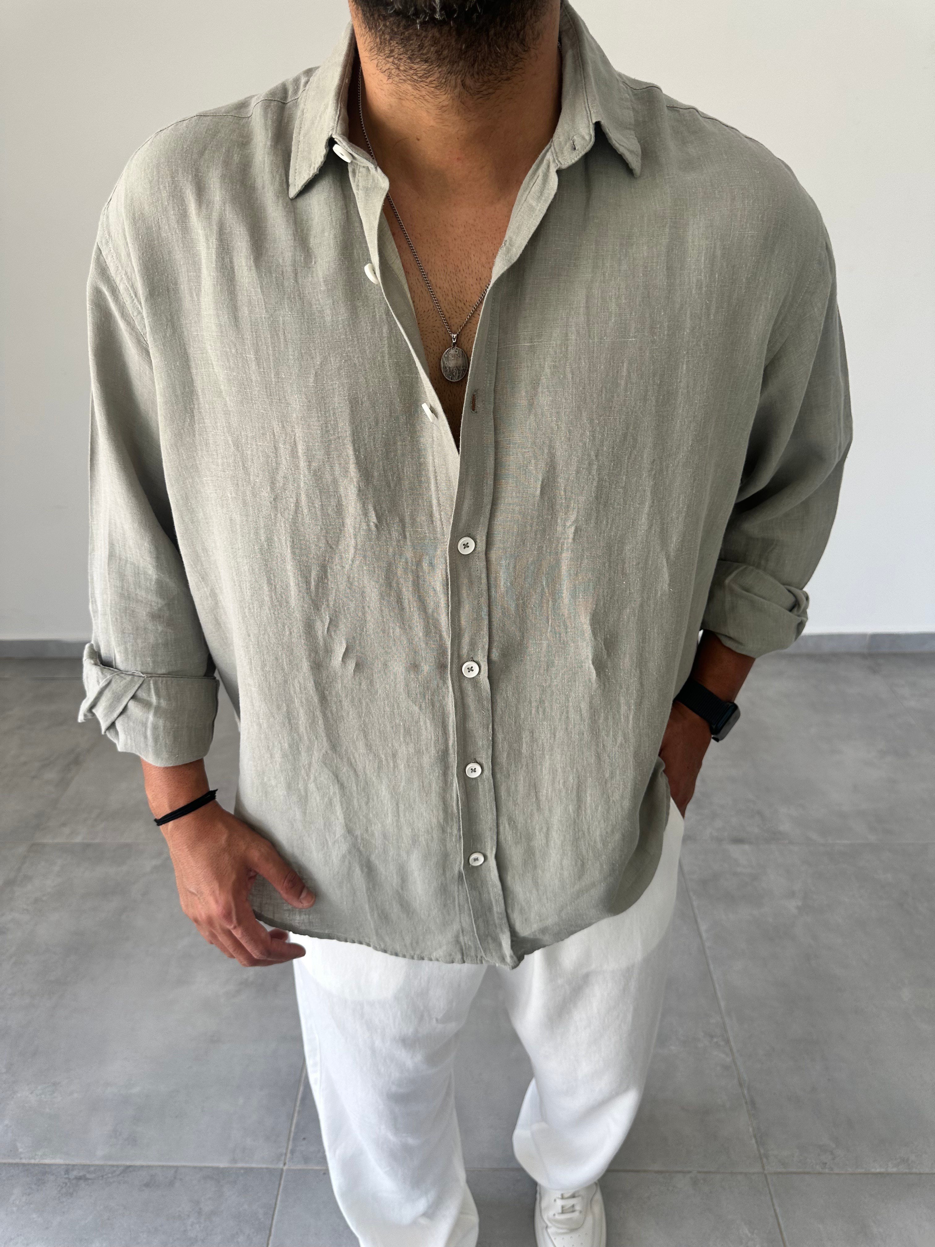 Ham Keten Oversize Kesim Haki Yeşil Renk Premium Keten Gömlek