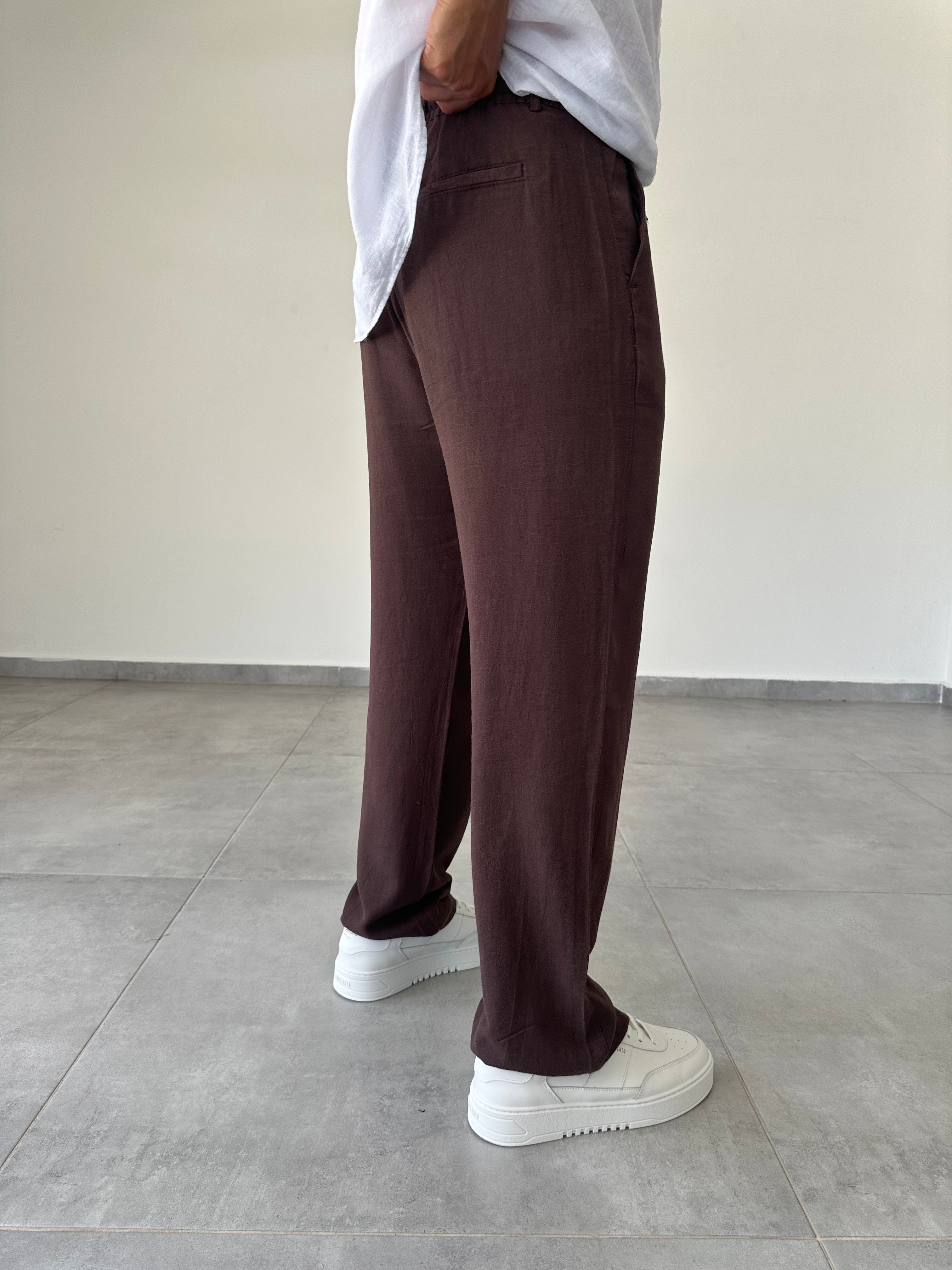Kahve Renk Renk Bel Kısmı Lastik Ve Bağcık Detaylı Yıkamalı Keten Pantolon