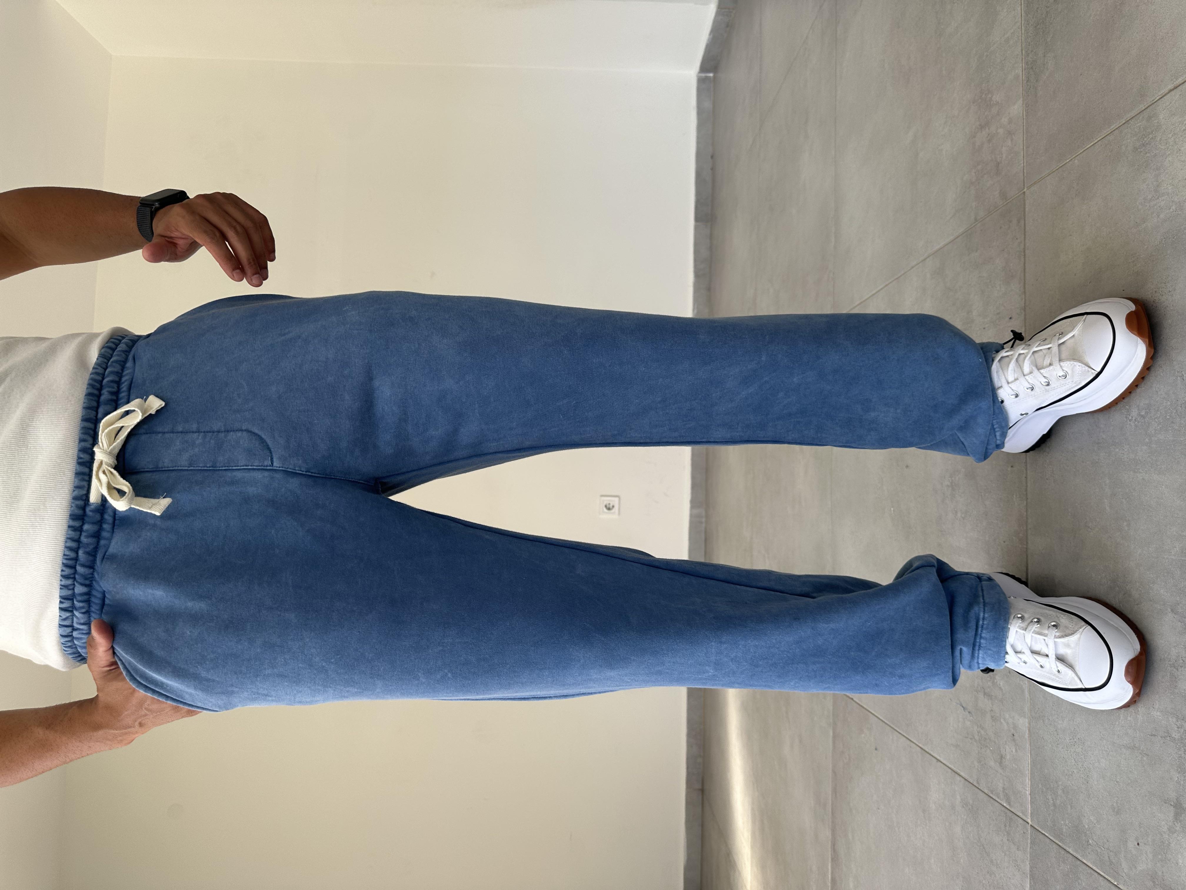 Mavi Renk Yıkamalı Kumaş Paça Kısmı Stoperli Baggy Eşofman