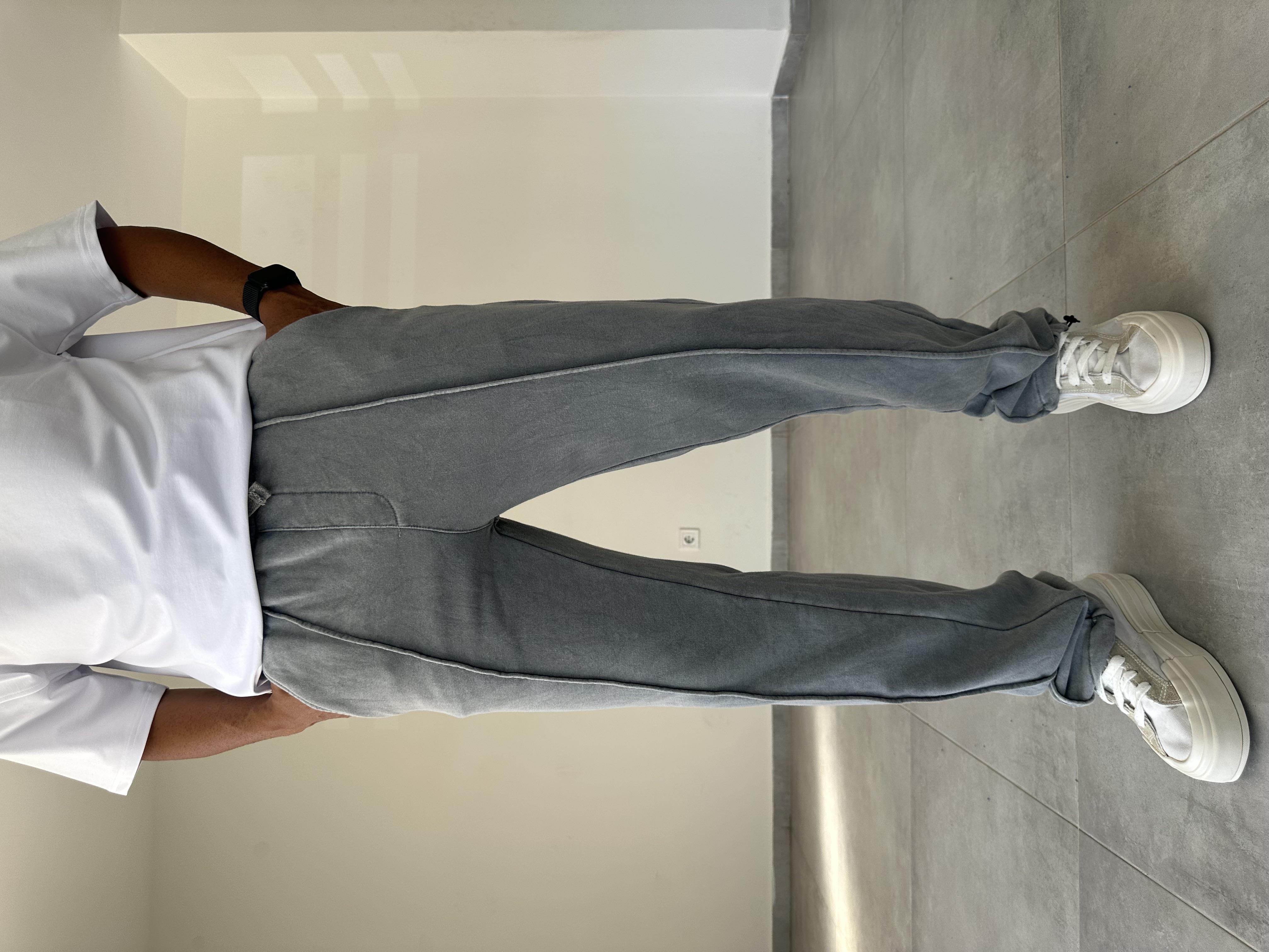 Ön Kısmı Çıma Detaylı Gri Renk Yıkamalı Kumaş Paça Kısmı Stoperli Baggy Eşofman