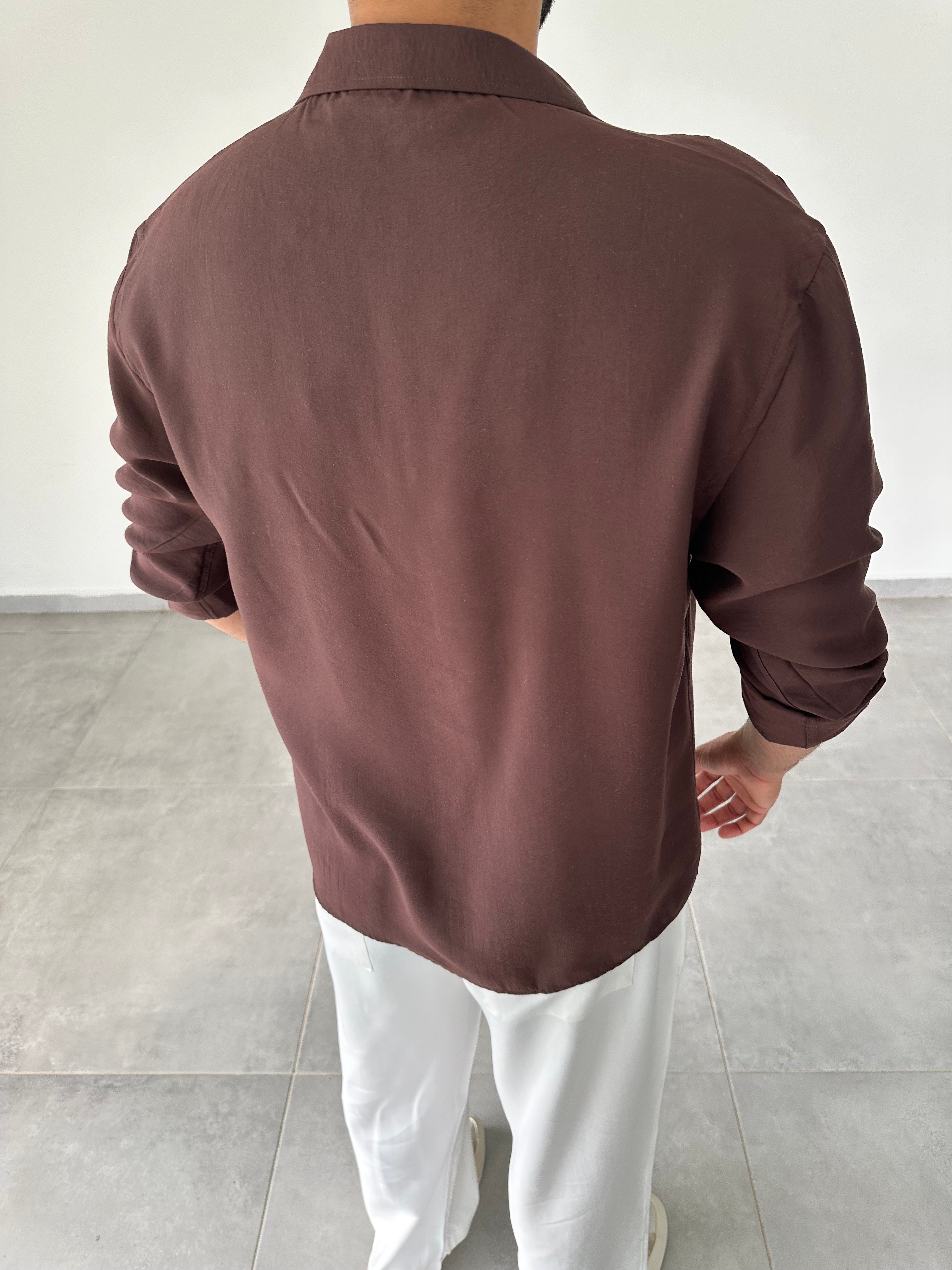 Kahve Modal Kumaş Oversize Basic Gömlek