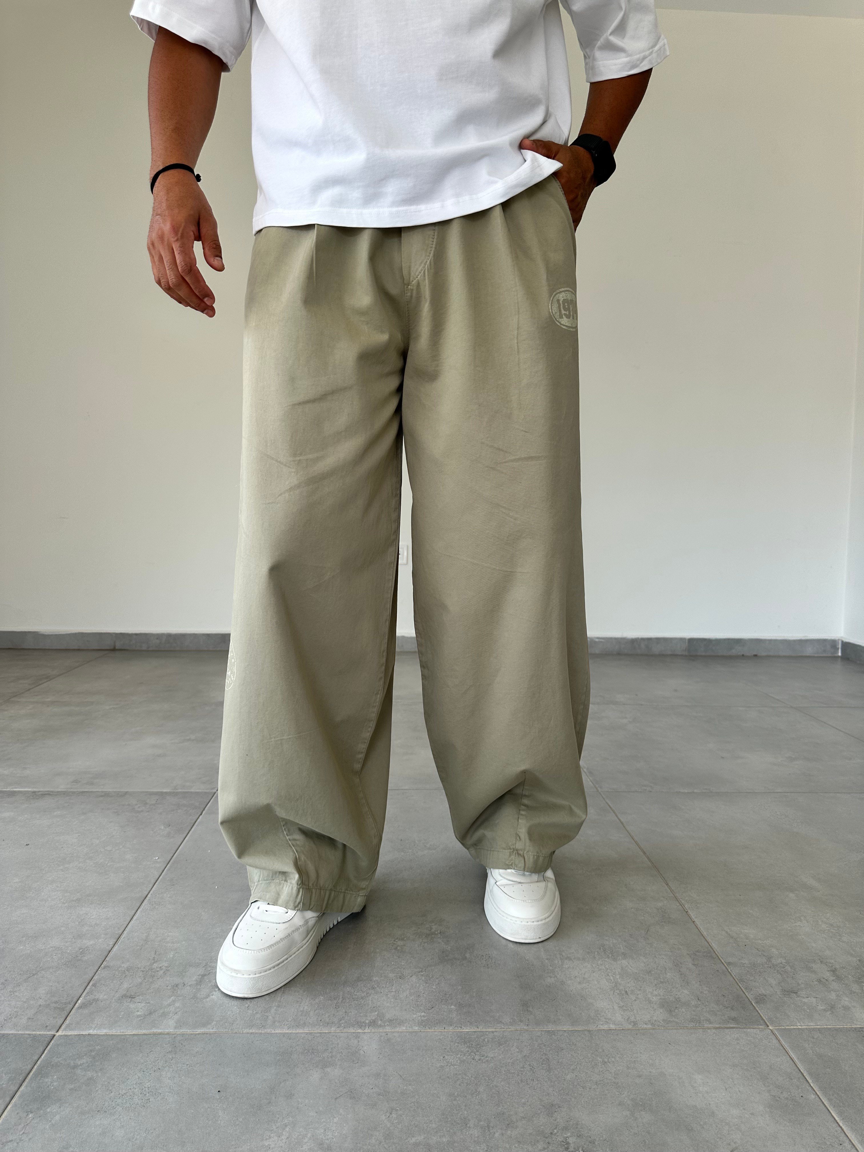 Yeşil Renk 1974 Baskı Detaylı Ekstra Bol Gabardin Baggy