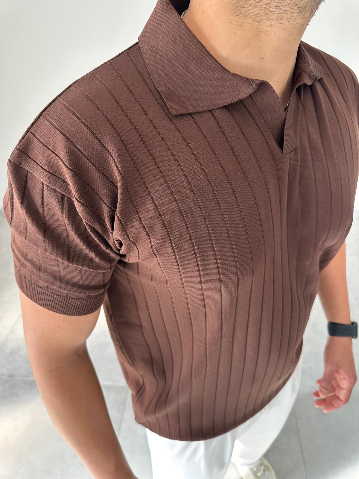Kahve Renk Şerit Detaylı Polo Yaka T-Shirt