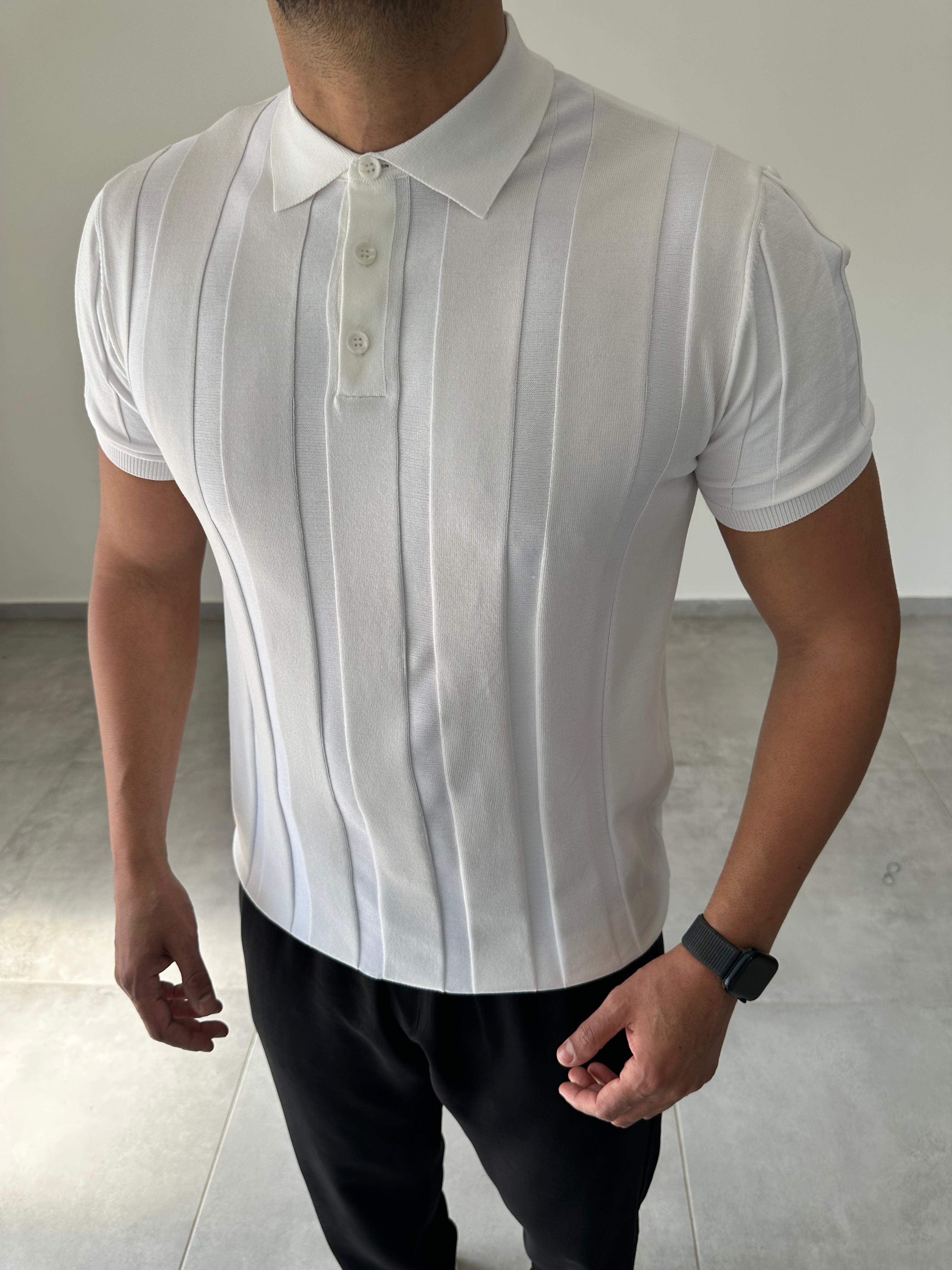 Polo Yaka  Şerit Detaylı Beyaz Renk Triko T-Shirt