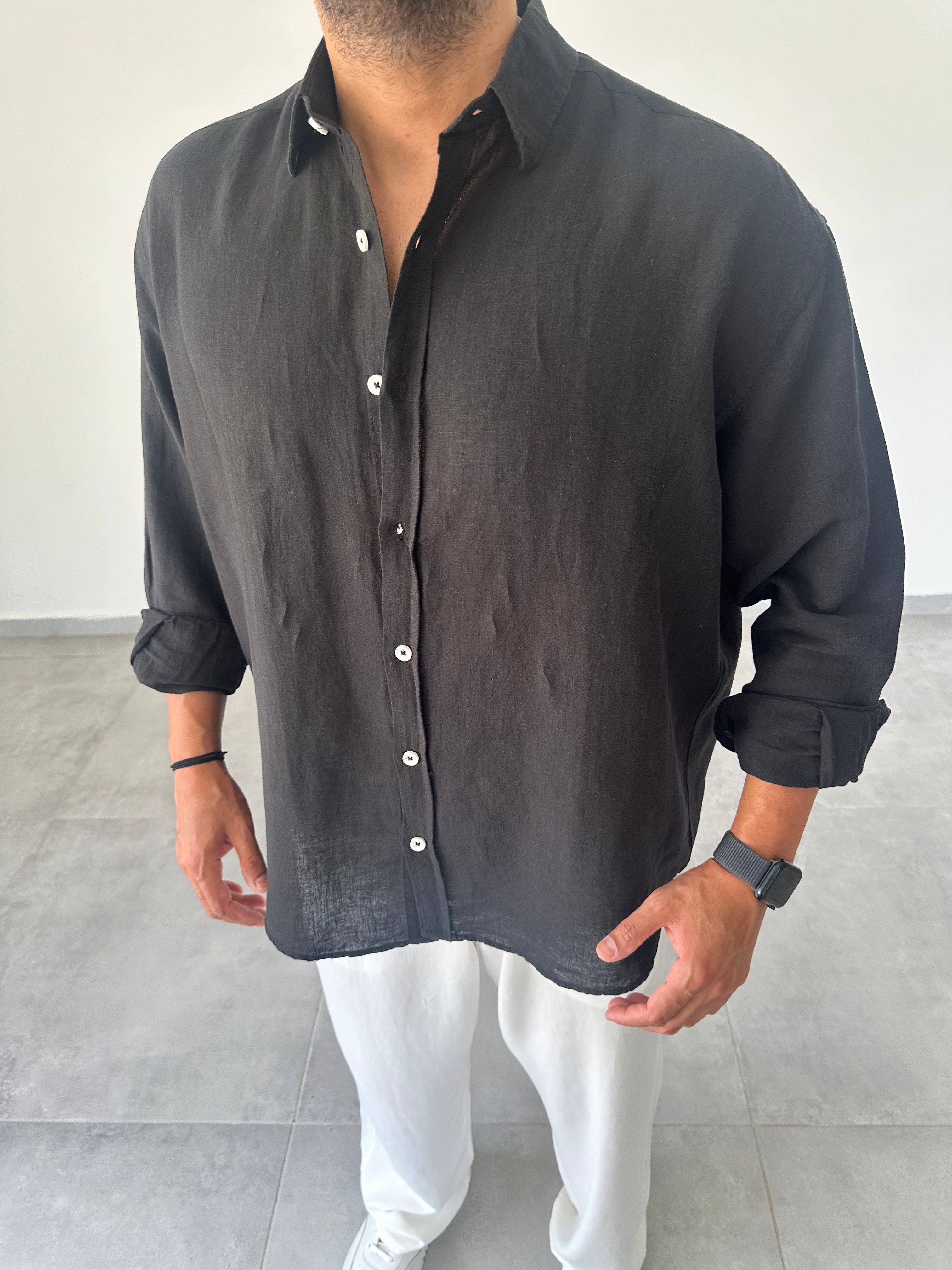 Ham Keten Oversize Kesim Siyah Renk Premium Keten Gömlek