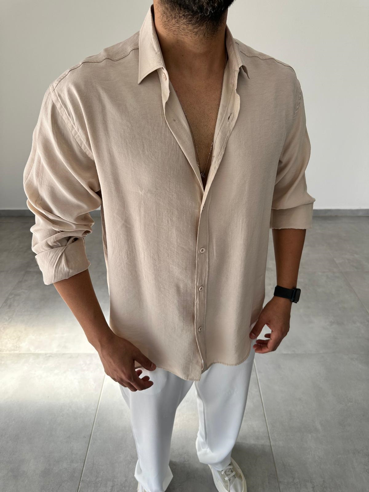 Modal Kumaş Bej Renk Oversize Kesim Gömlek