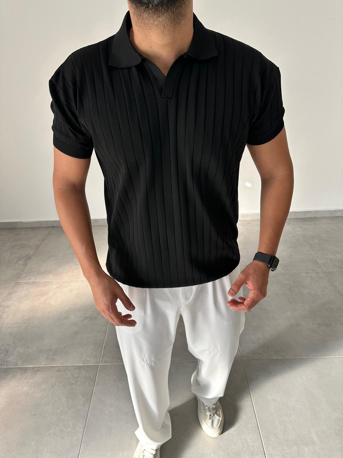 Siyah Renk Şerit Detaylı Polo Yaka T-Shirt