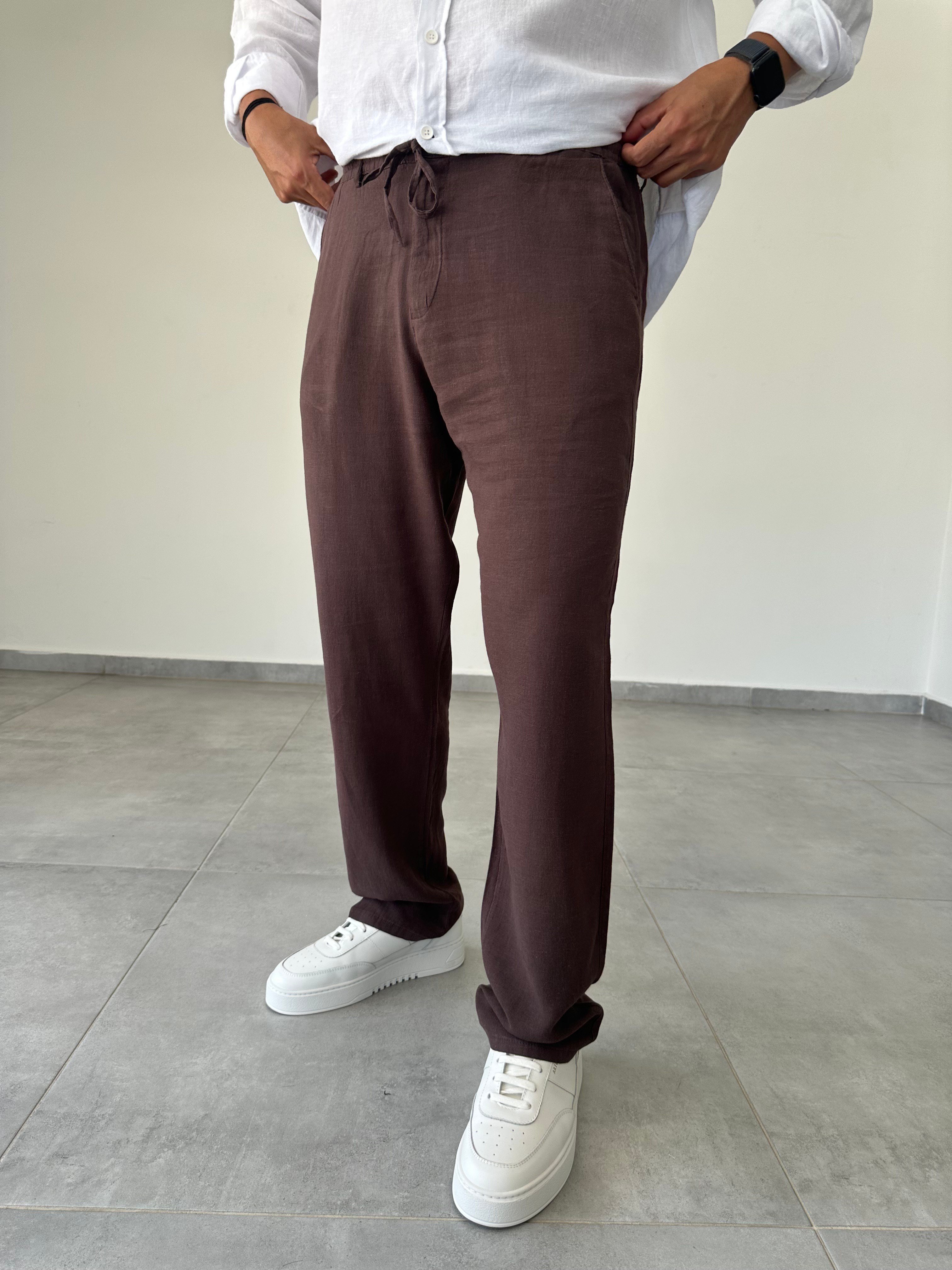 Kahve Renk Renk Bel Kısmı Lastik Ve Bağcık Detaylı Yıkamalı Keten Pantolon