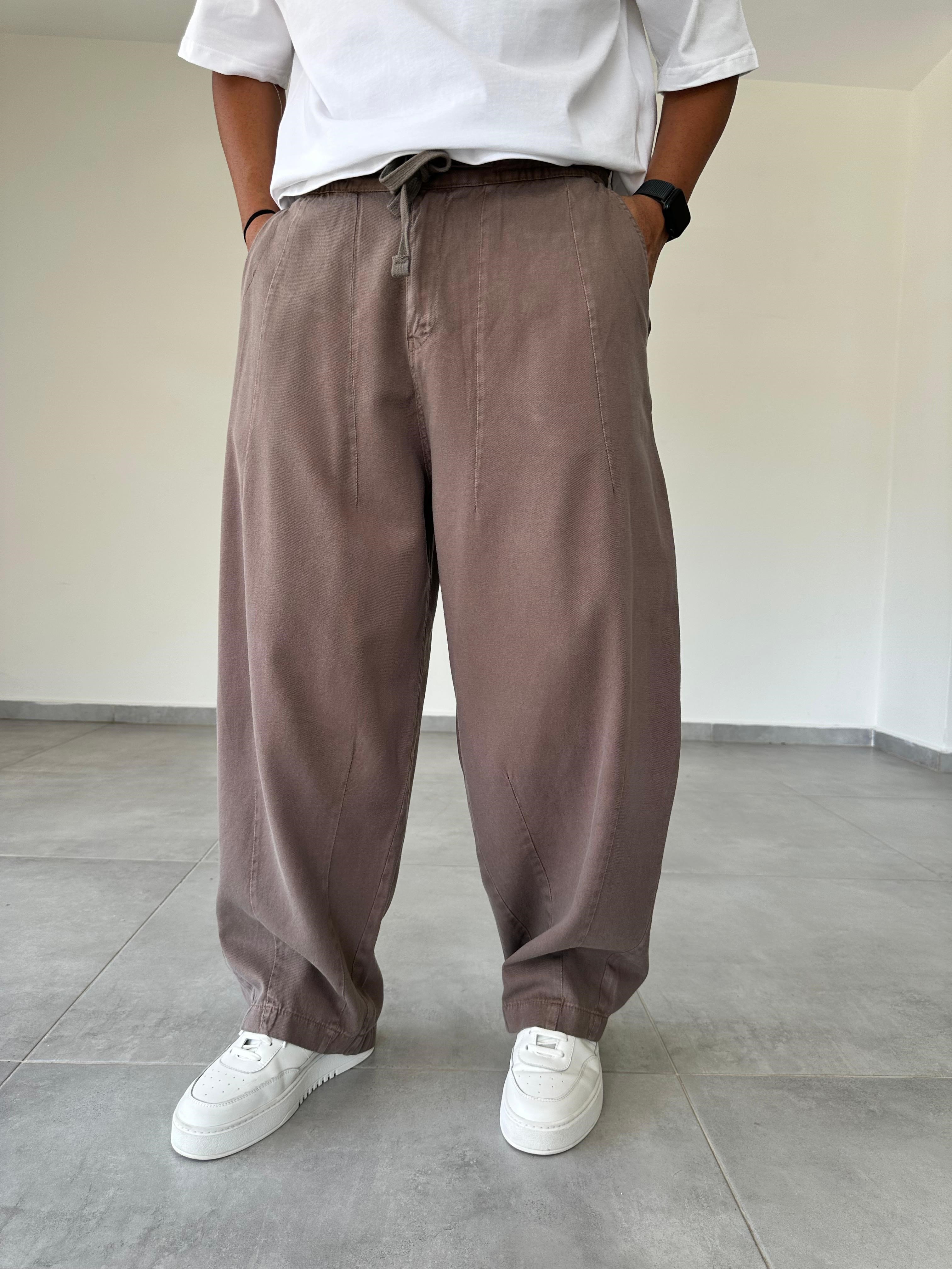 Kahve Renk  Dikiş Detaylı Bol Kesim Gabardin Baggy