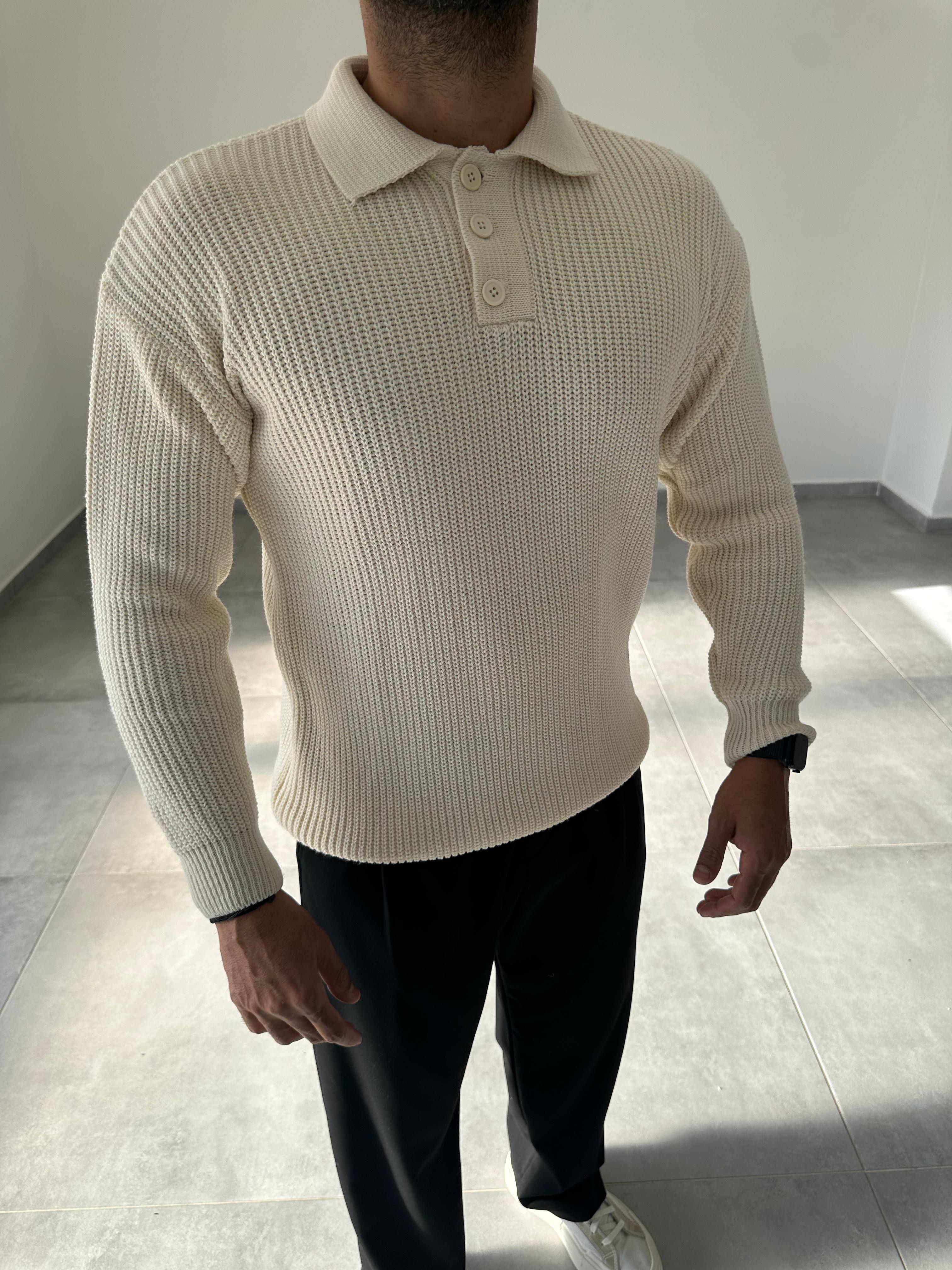Ekru Renk Düğmeli Polo Yaka Oversize Örme Kazak