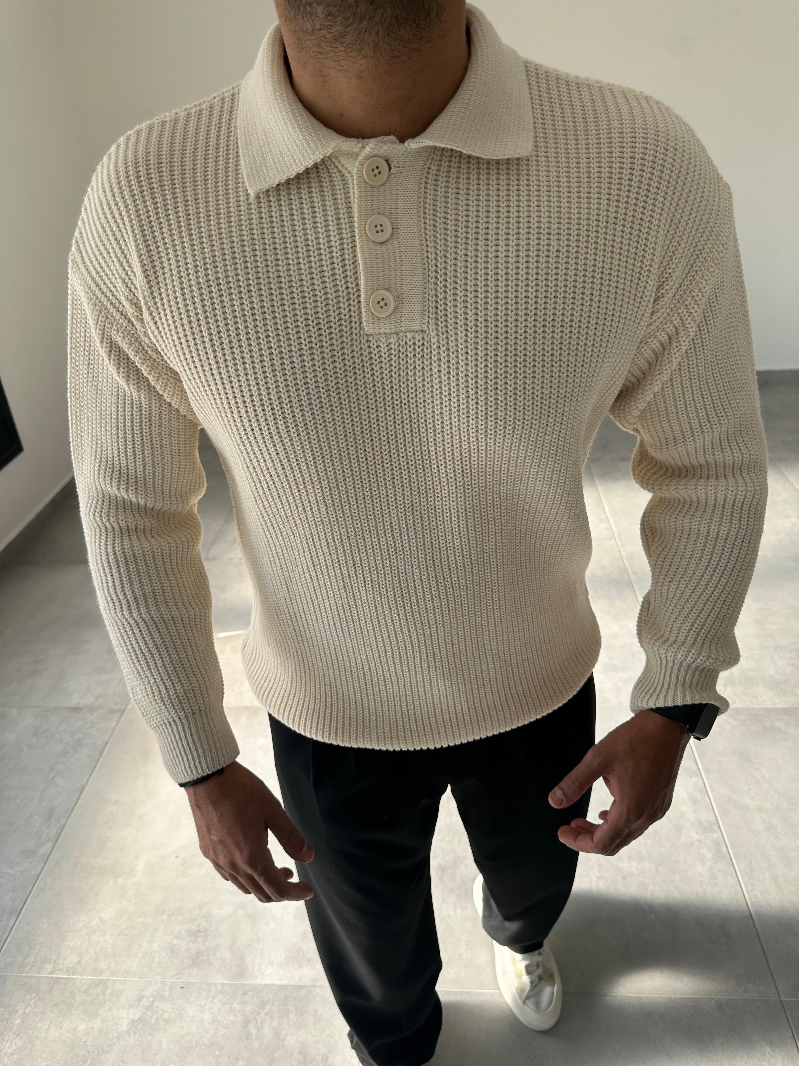 Ekru Renk Düğmeli Polo Yaka Oversize Örme Kazak